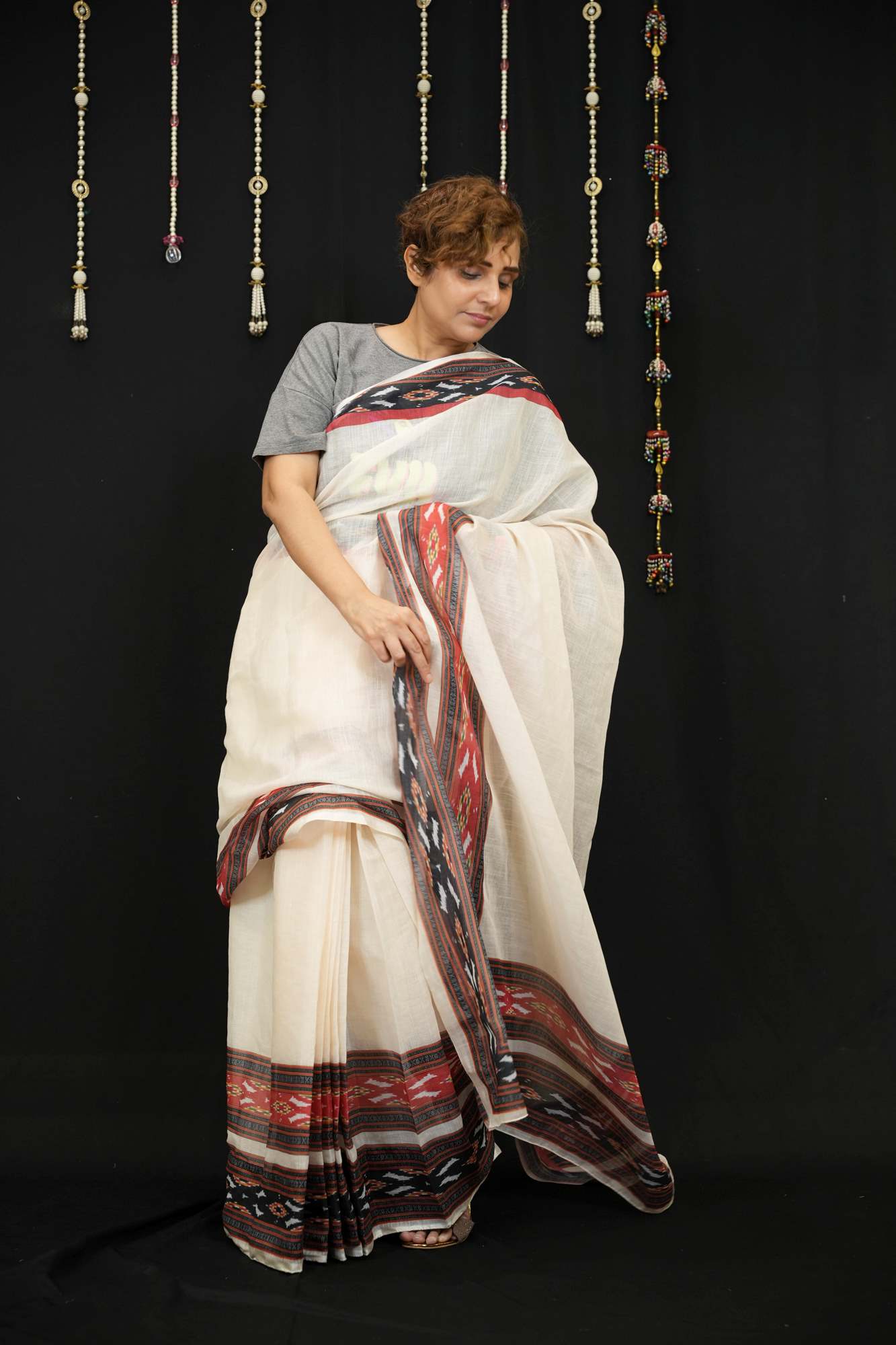Cotton Ajrakh in Off-White with Rust & Black Vegetable-Dyed Ready To Wear Saree