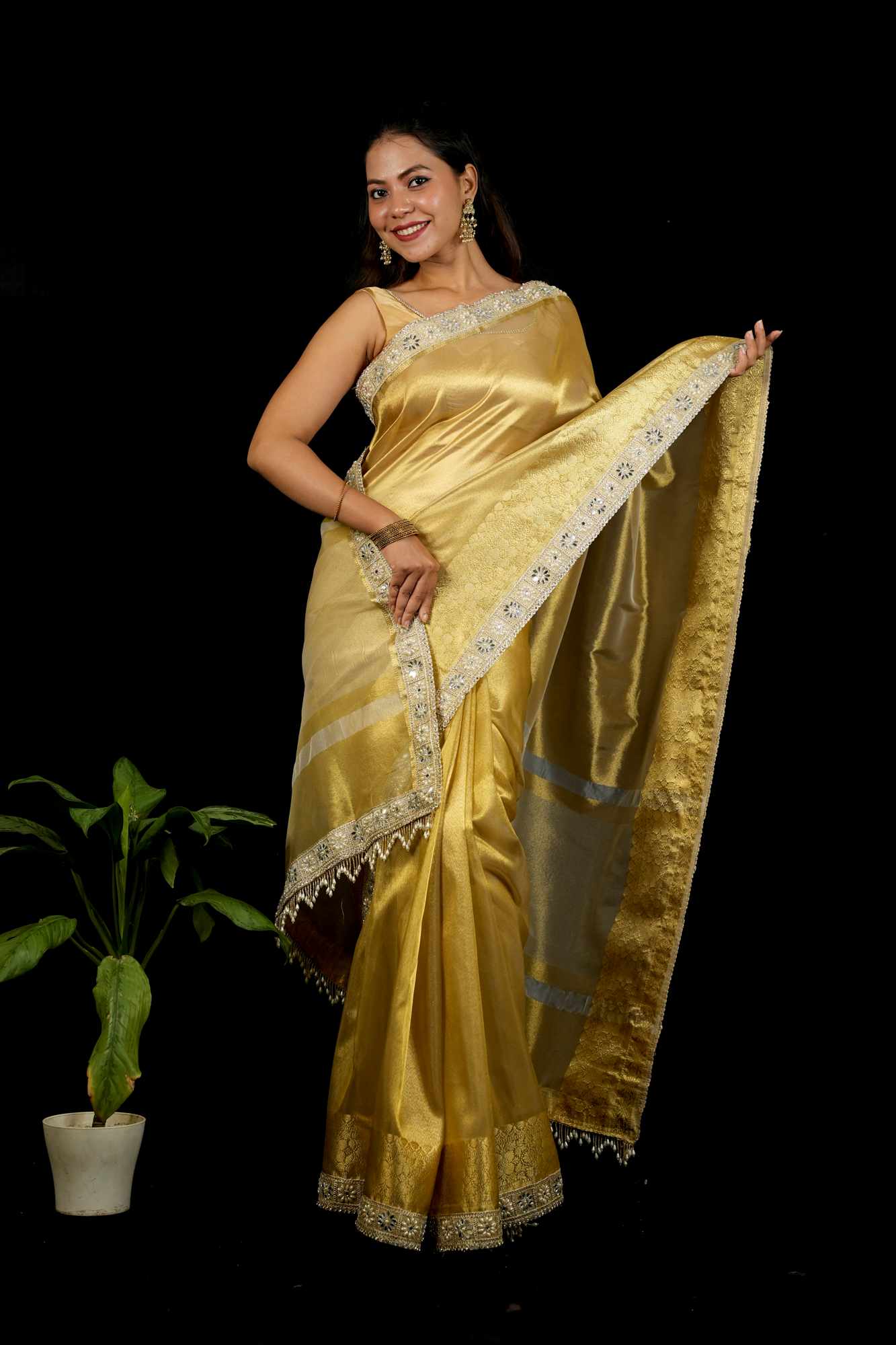 Golden Tissue Silk with Intricate Weaving & Mirror-Work Border Ready To Wear Saree