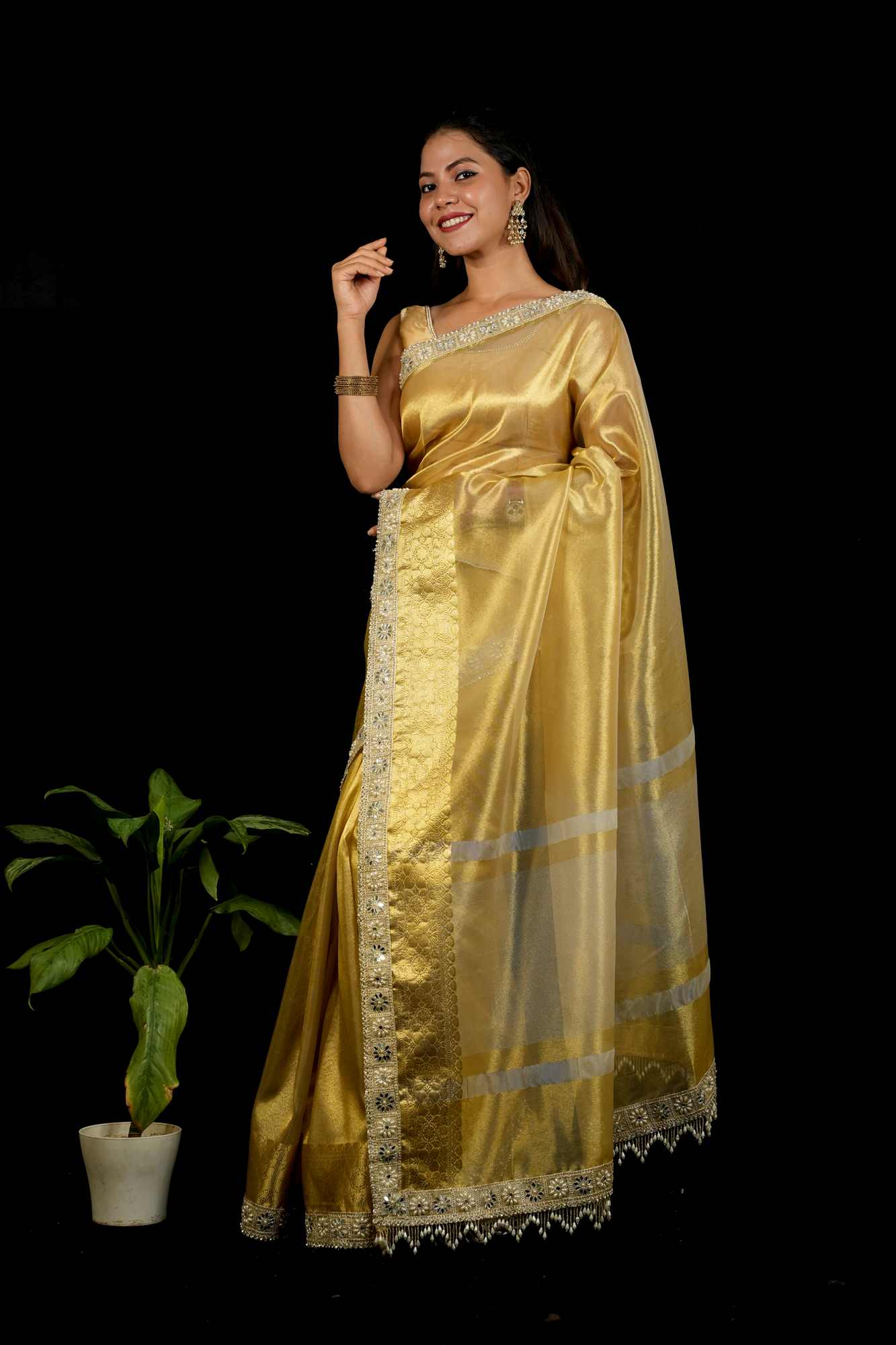 Golden Tissue Silk with Intricate Weaving & Mirror-Work Border Ready To Wear Saree