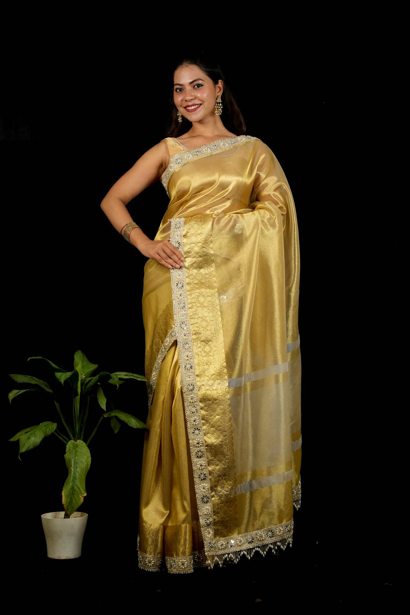 Golden Tissue Silk with Intricate Weaving & Mirror-Work Border Ready To Wear Saree