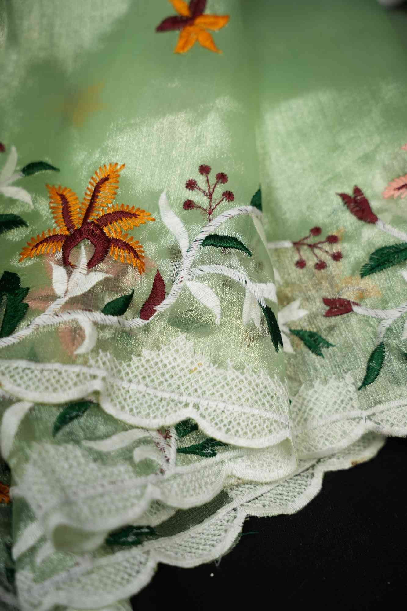 Organza Silk Scalloped Border with Overall Floral Thread Embroidery Wrap in 1 minute Saree