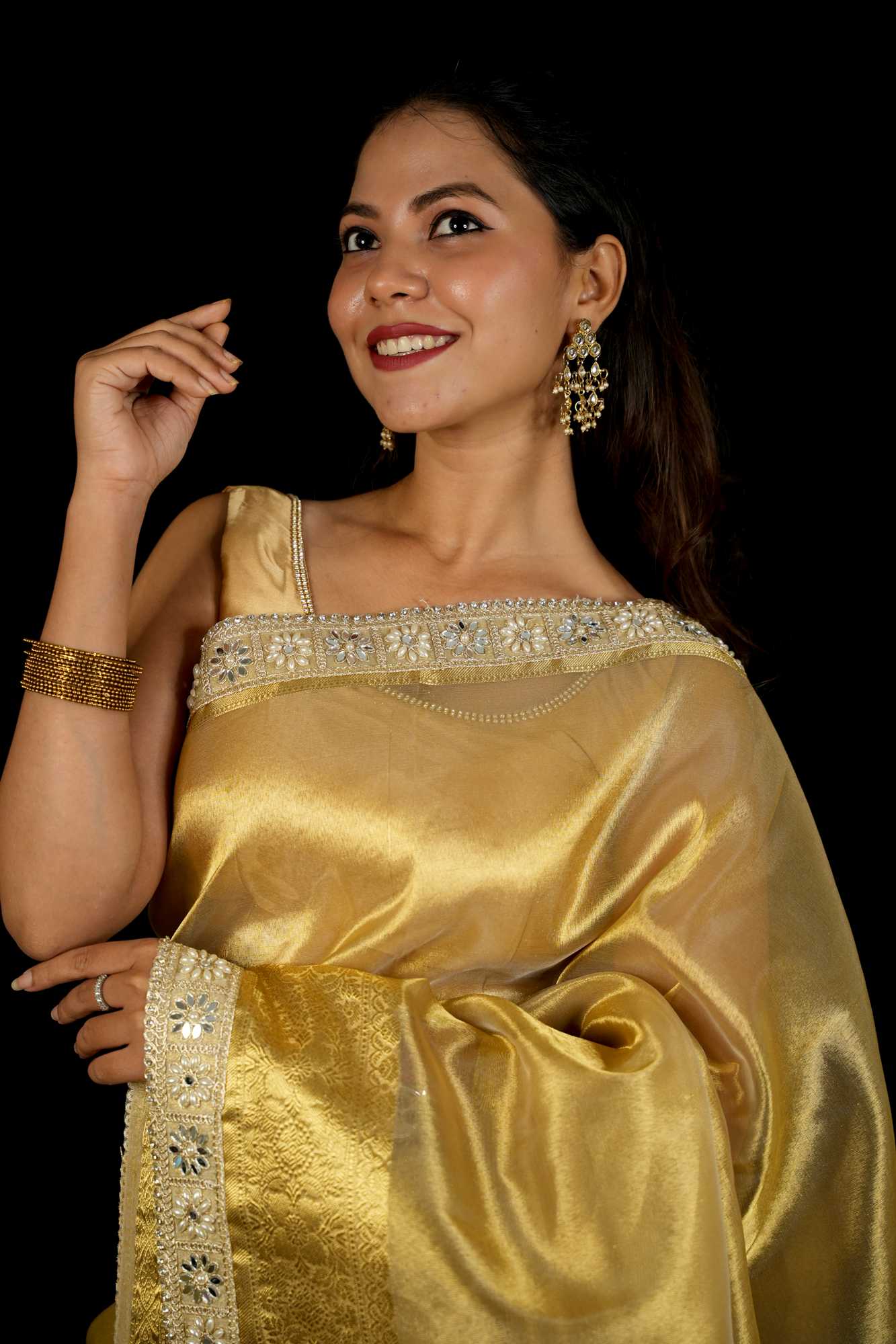 Golden Tissue Silk with Intricate Weaving & Mirror-Work Border Ready To Wear Saree