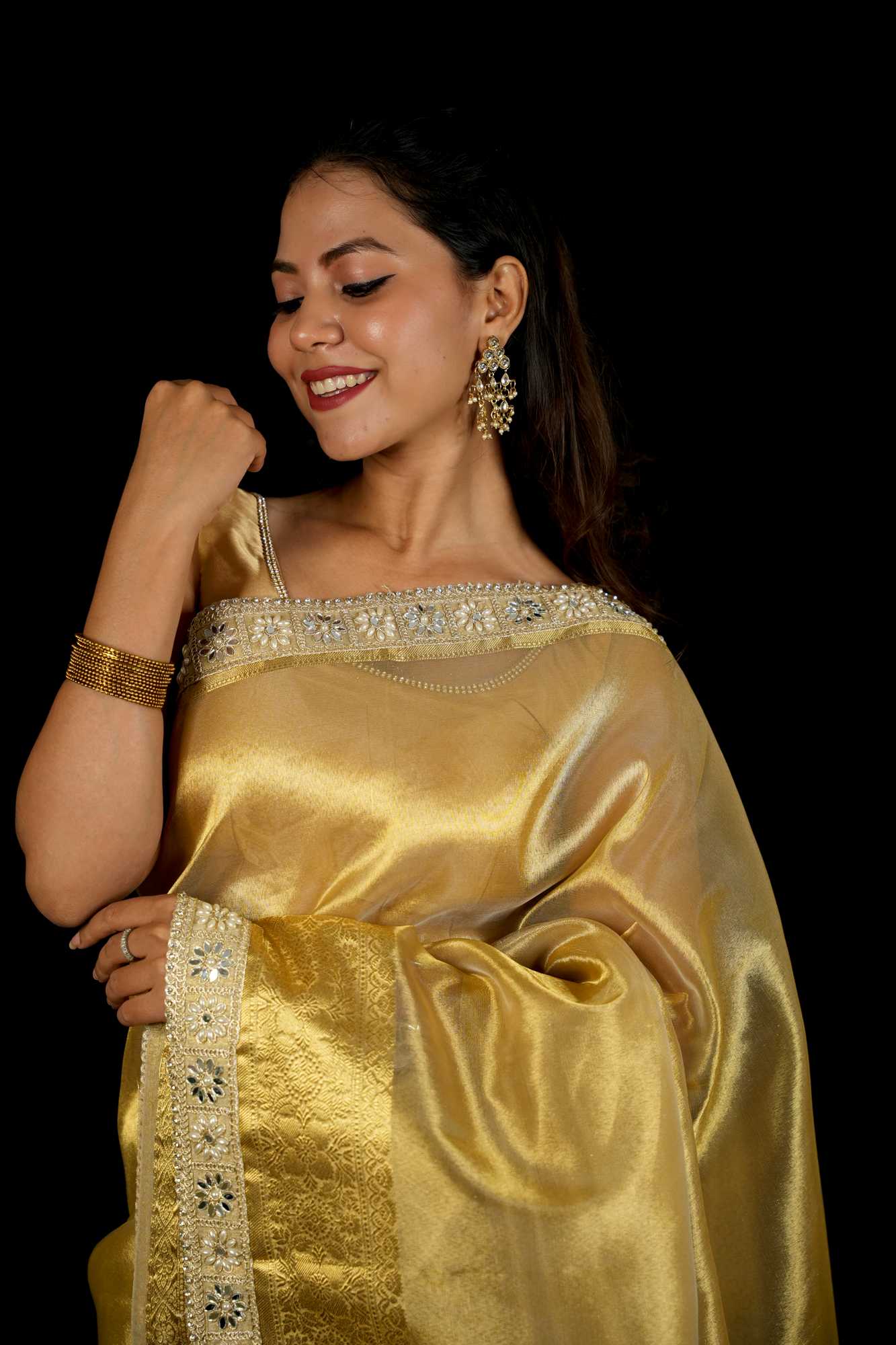 Golden Tissue Silk with Intricate Weaving & Mirror-Work Border Ready To Wear Saree