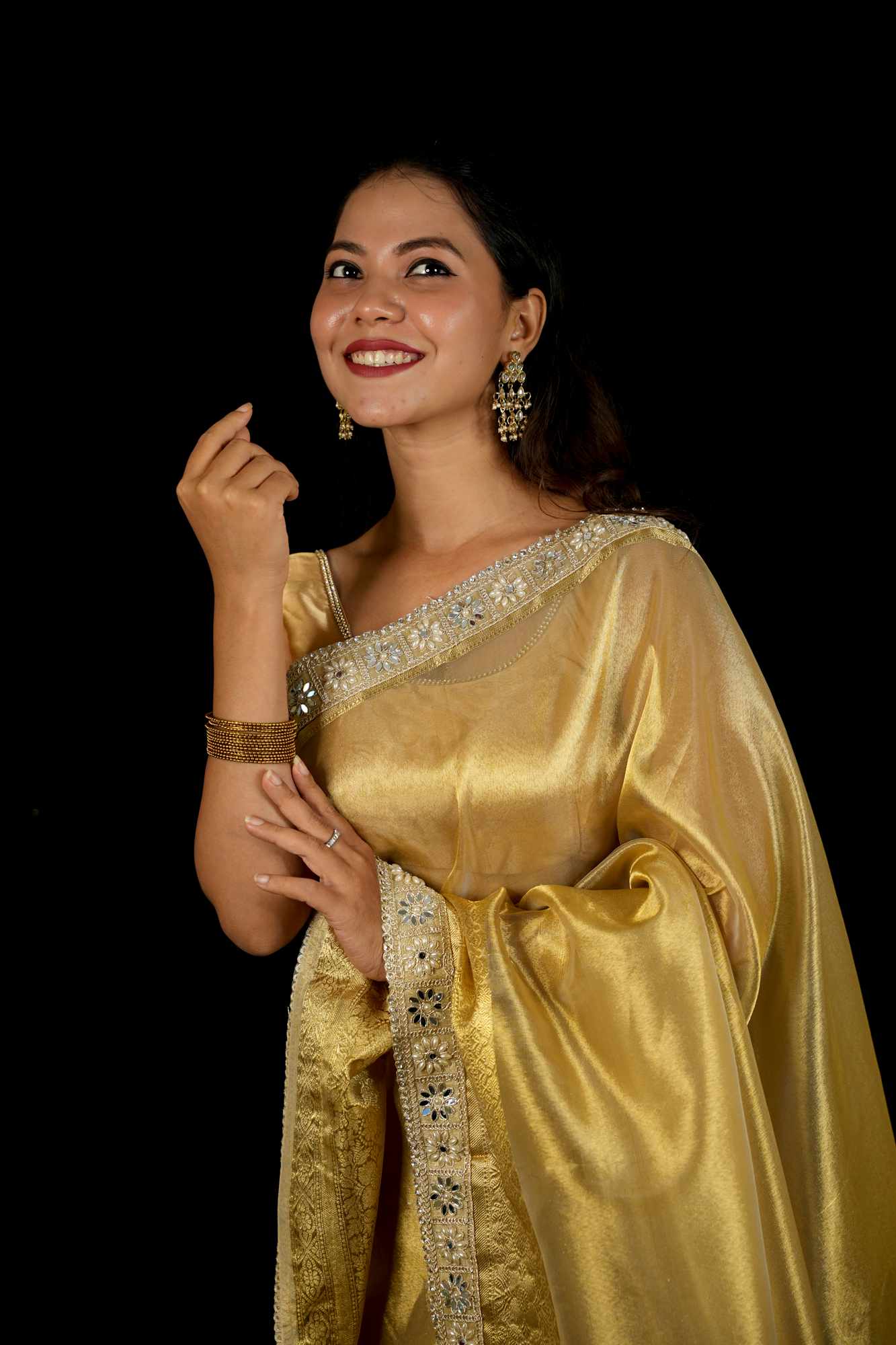 Golden Tissue Silk with Intricate Weaving & Mirror-Work Border Ready To Wear Saree