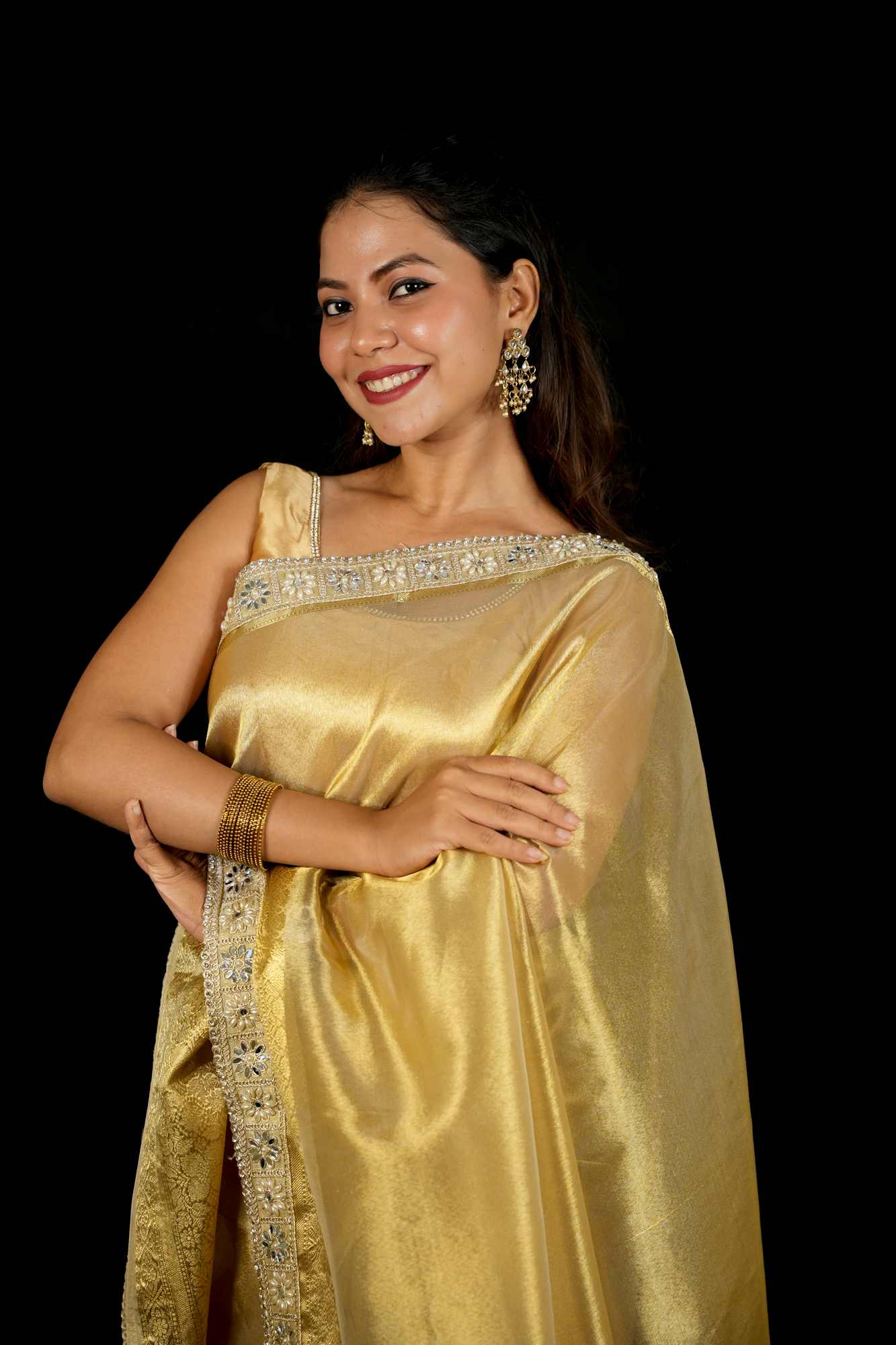 Golden Tissue Silk with Intricate Weaving & Mirror-Work Border Ready To Wear Saree