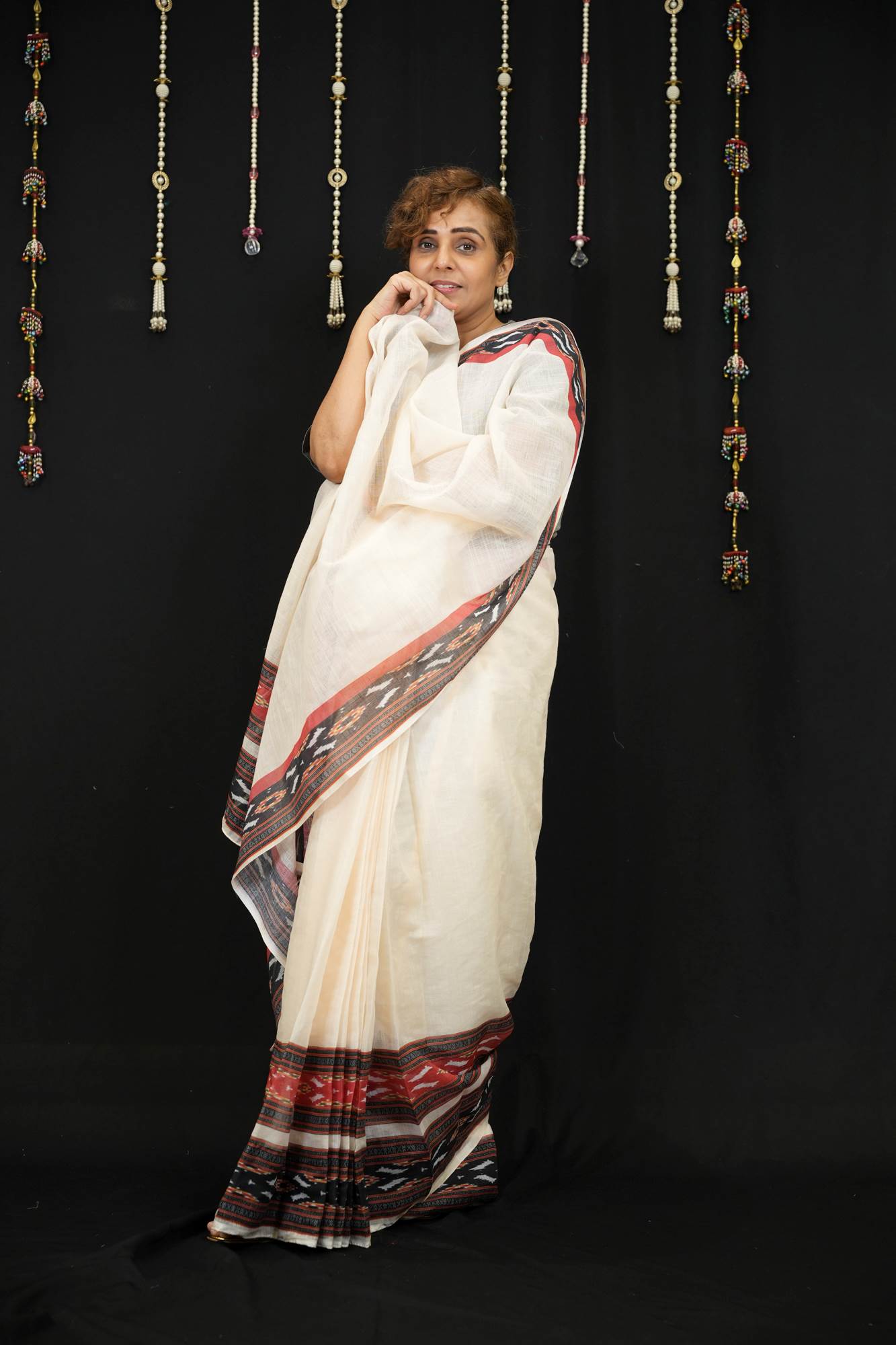Cotton Ajrakh in Off-White with Rust & Black Vegetable-Dyed Ready To Wear Saree