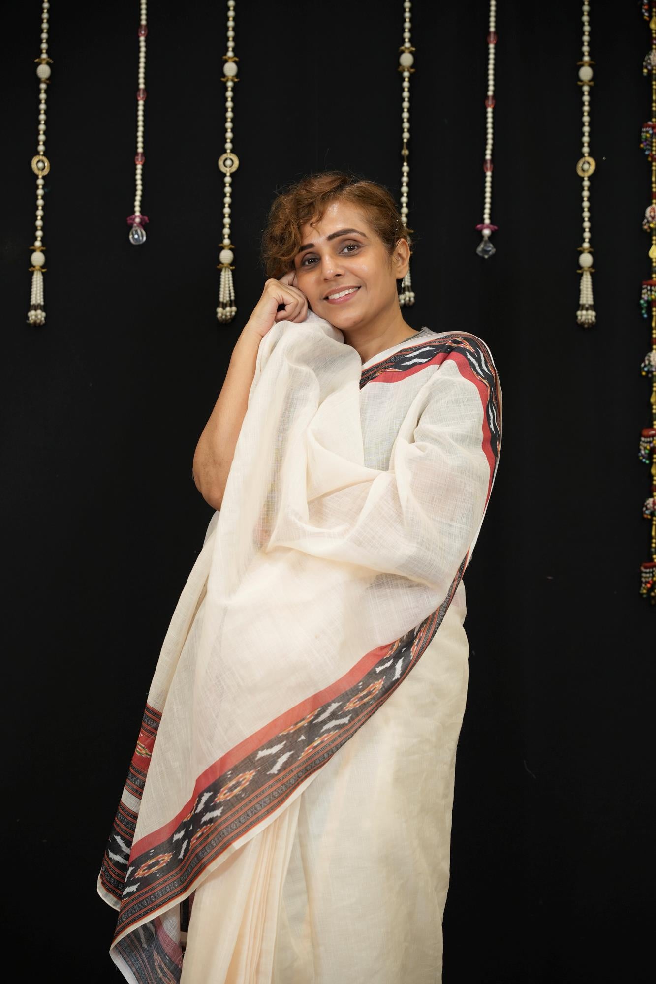 Cotton Ajrakh in Off-White with Rust & Black Vegetable-Dyed Ready To Wear Saree