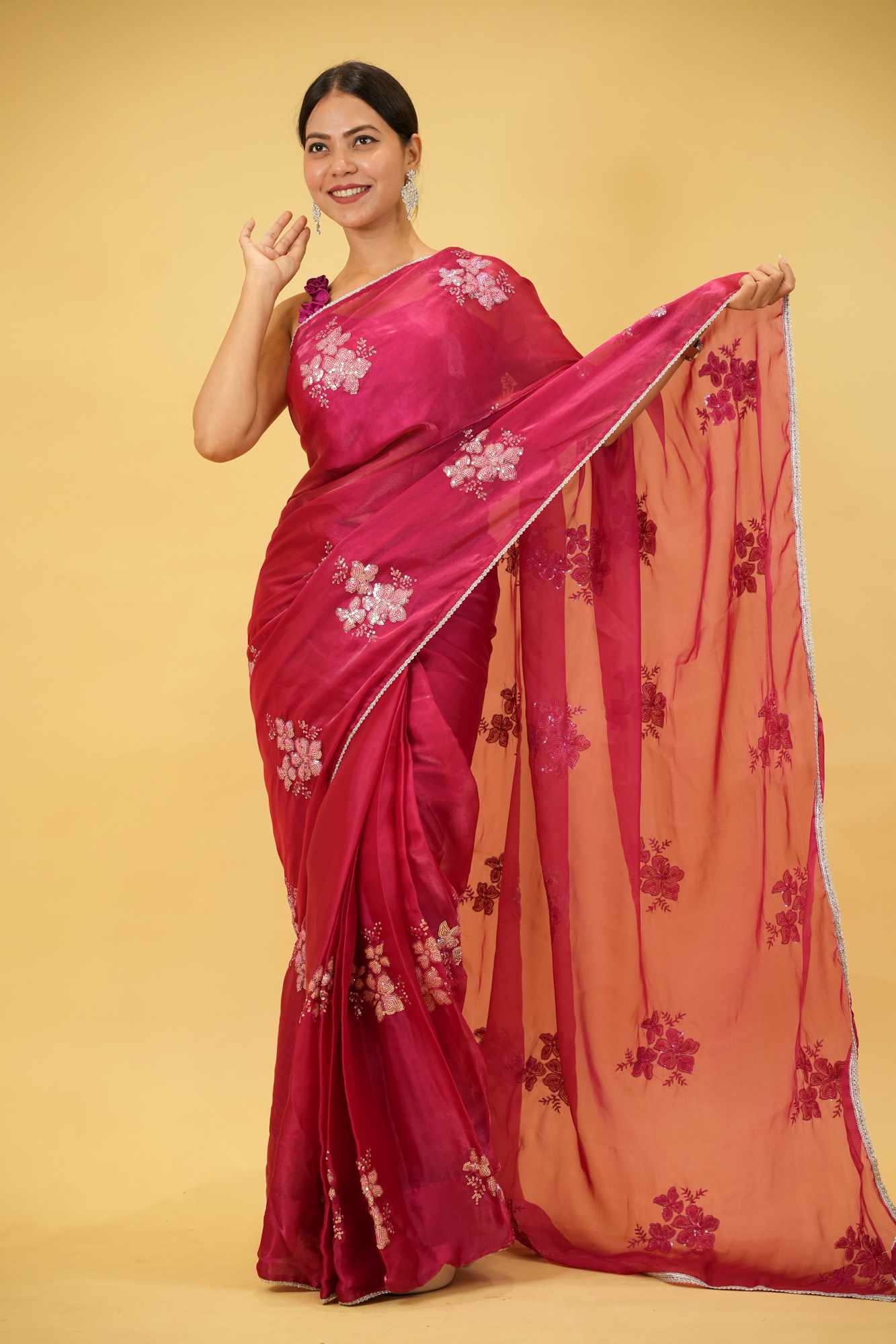 Beautiful Soft Jimi Chu chiffon silk ready to wear Saree with Embroidery, Sequins Work & Cutwork Border Wrap in 1 minute saree