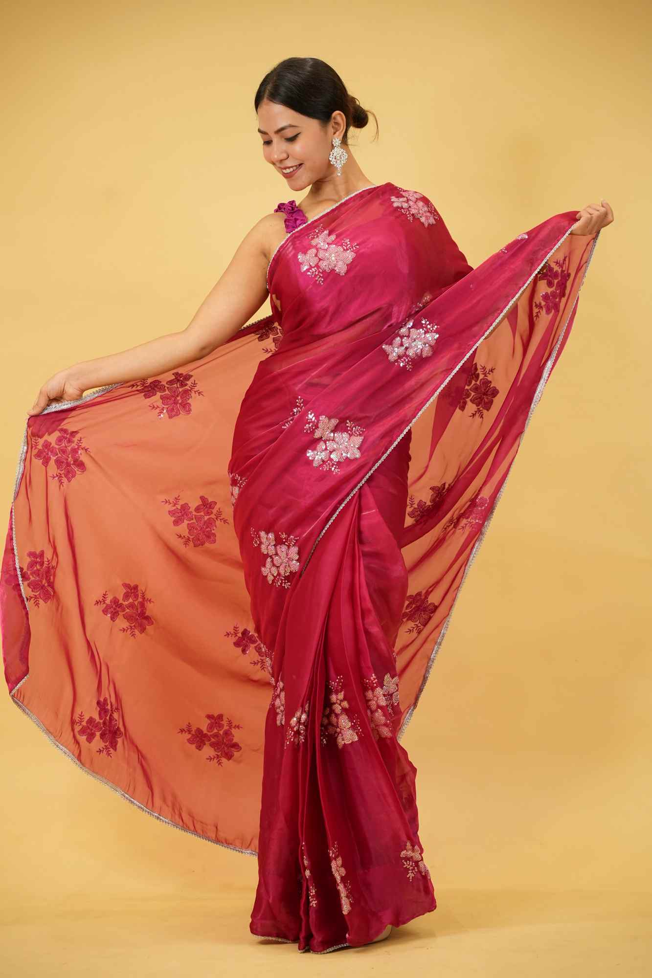 Beautiful Soft Jimi Chu chiffon silk ready to wear Saree with Embroidery, Sequins Work & Cutwork Border Wrap in 1 minute saree