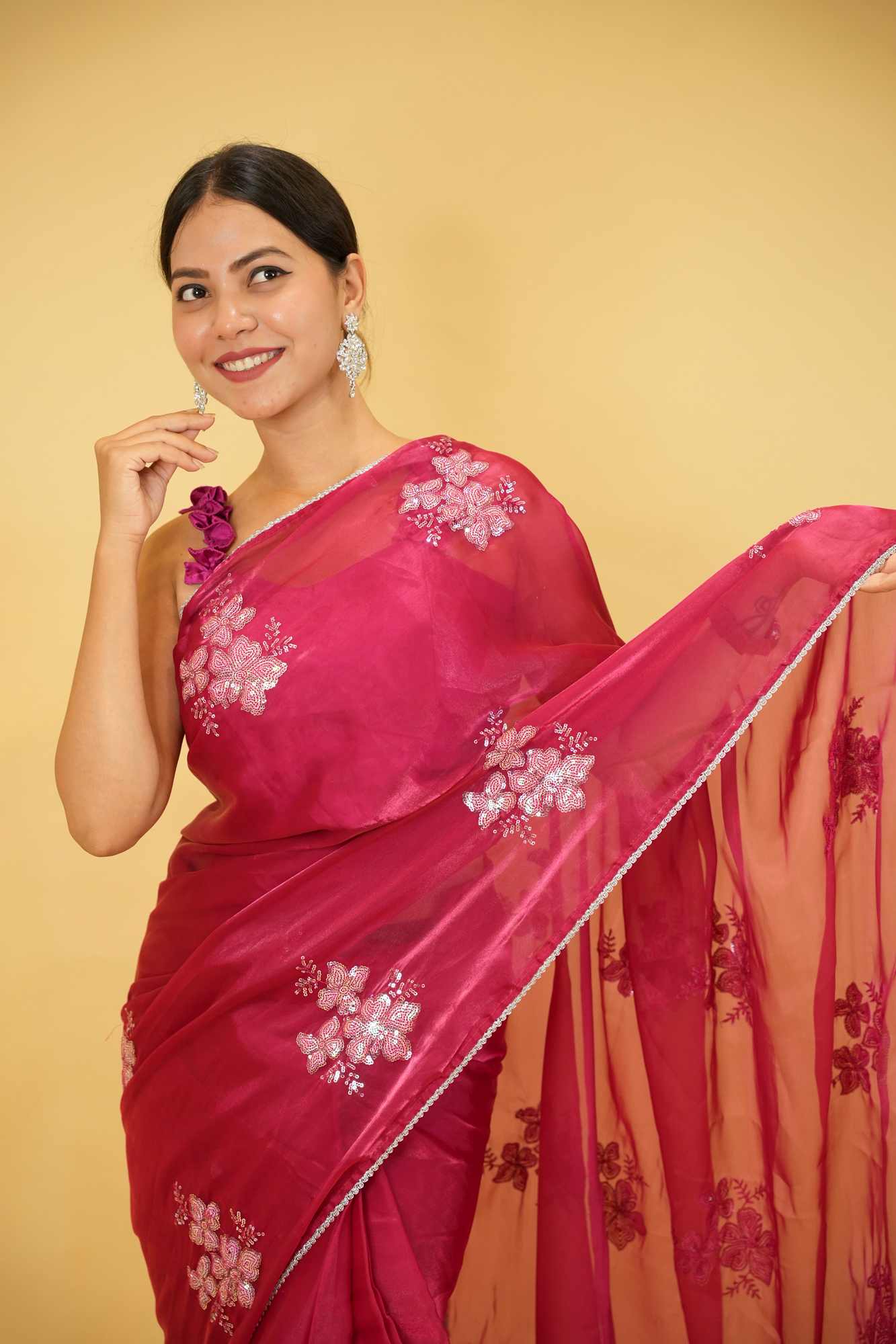 Beautiful Soft Jimi Chu chiffon silk ready to wear Saree with Embroidery, Sequins Work & Cutwork Border Wrap in 1 minute saree