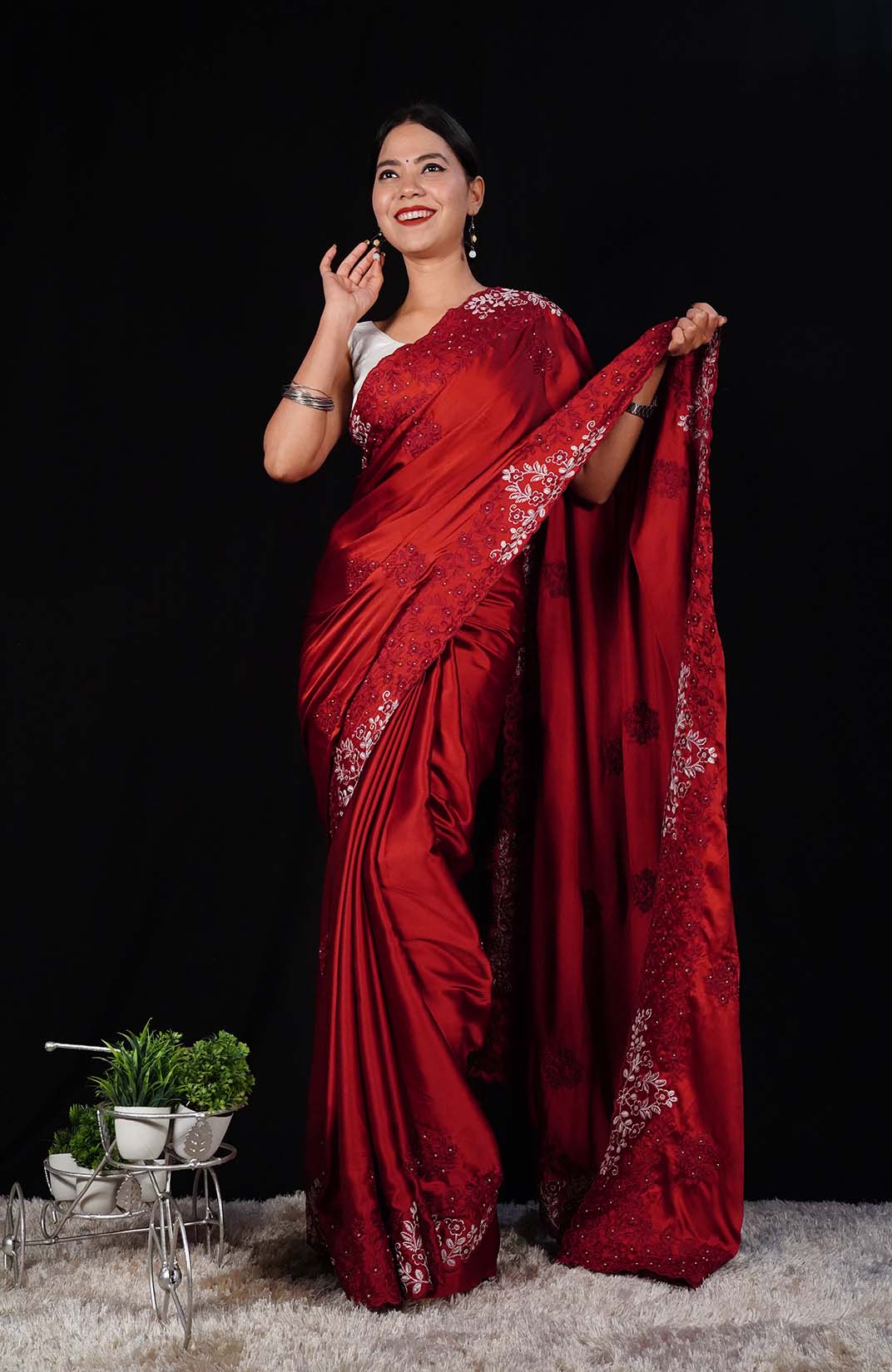 Ready to wear Parsi Gara Style Embroidery with Beads Soft Satin Silk Wrap in 1 minute saree
