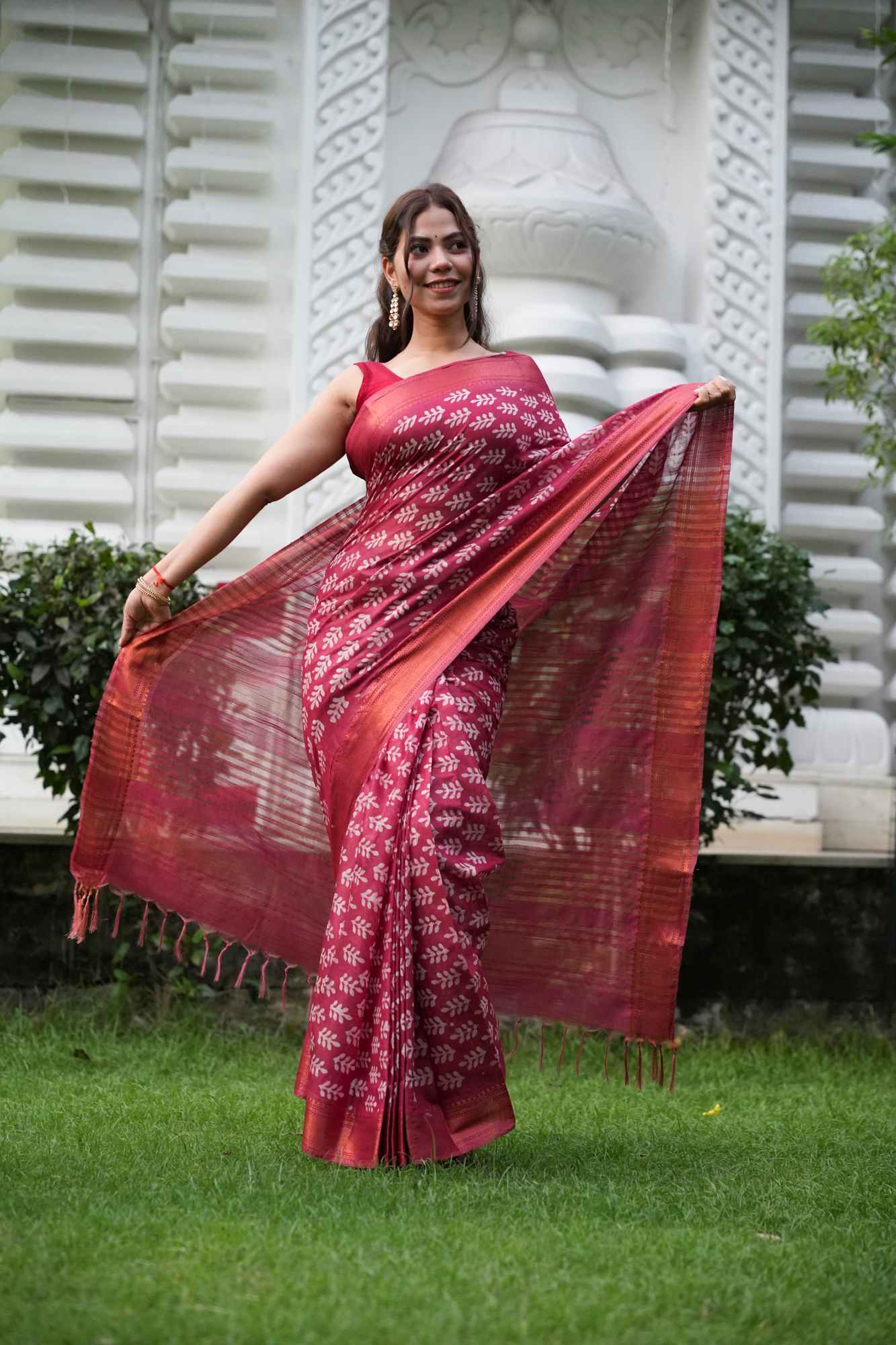 Red Kota Silk with Gold Zari Border & Tassels Ready To Wear Saree