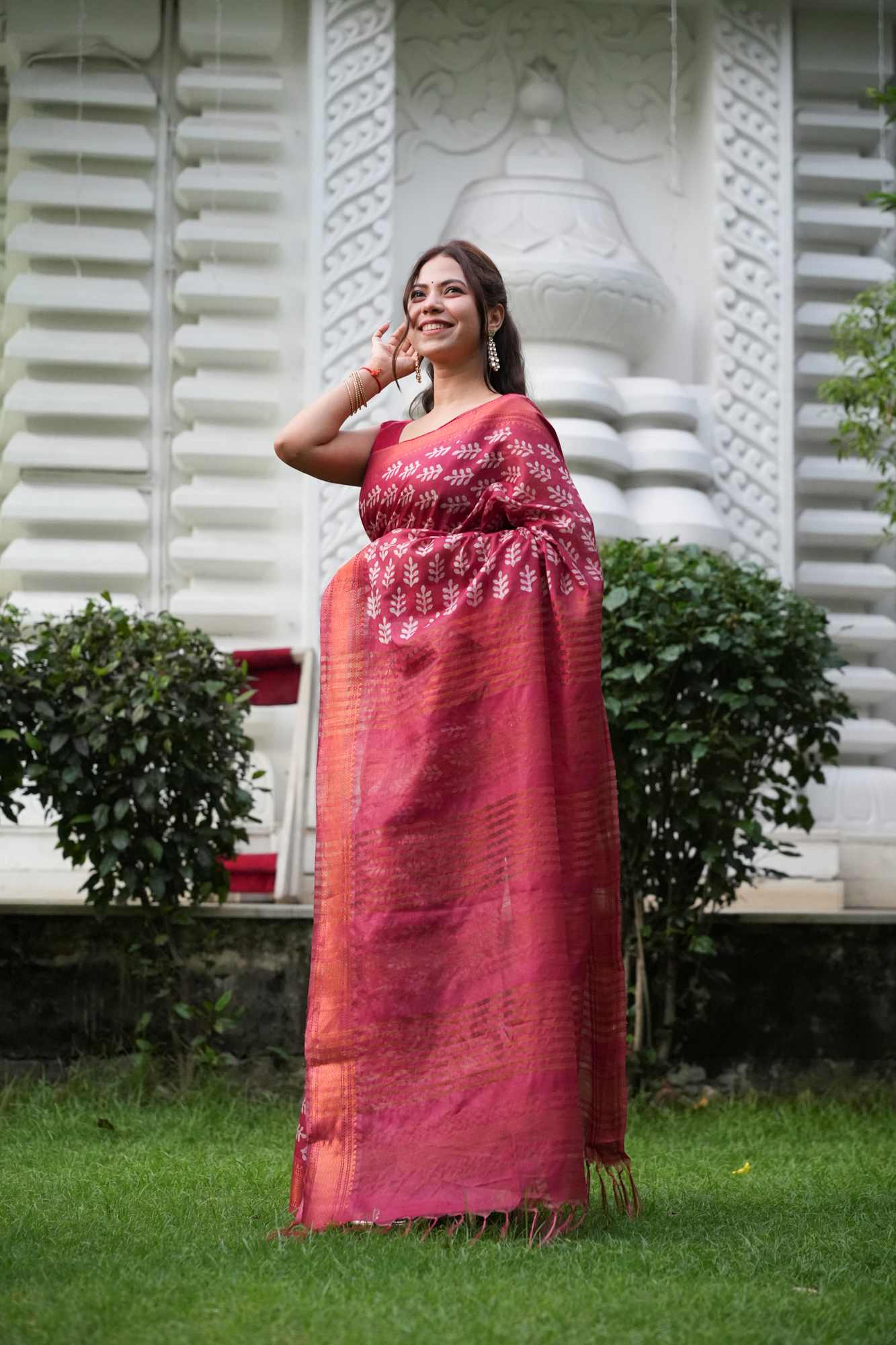 Red Kota Silk with Gold Zari Border & Tassels Ready To Wear Saree