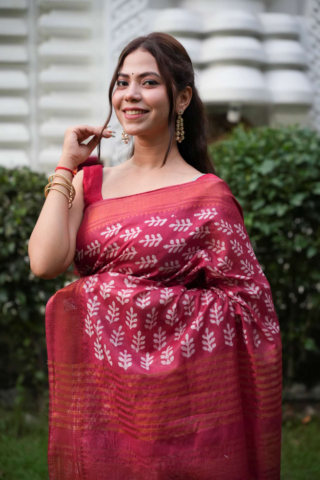 Red Kota Silk with Gold Zari Border & Tassels Ready To Wear Saree