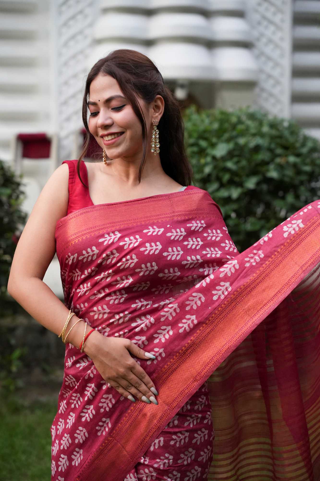 Red Kota Silk with Gold Zari Border & Tassels Ready To Wear Saree