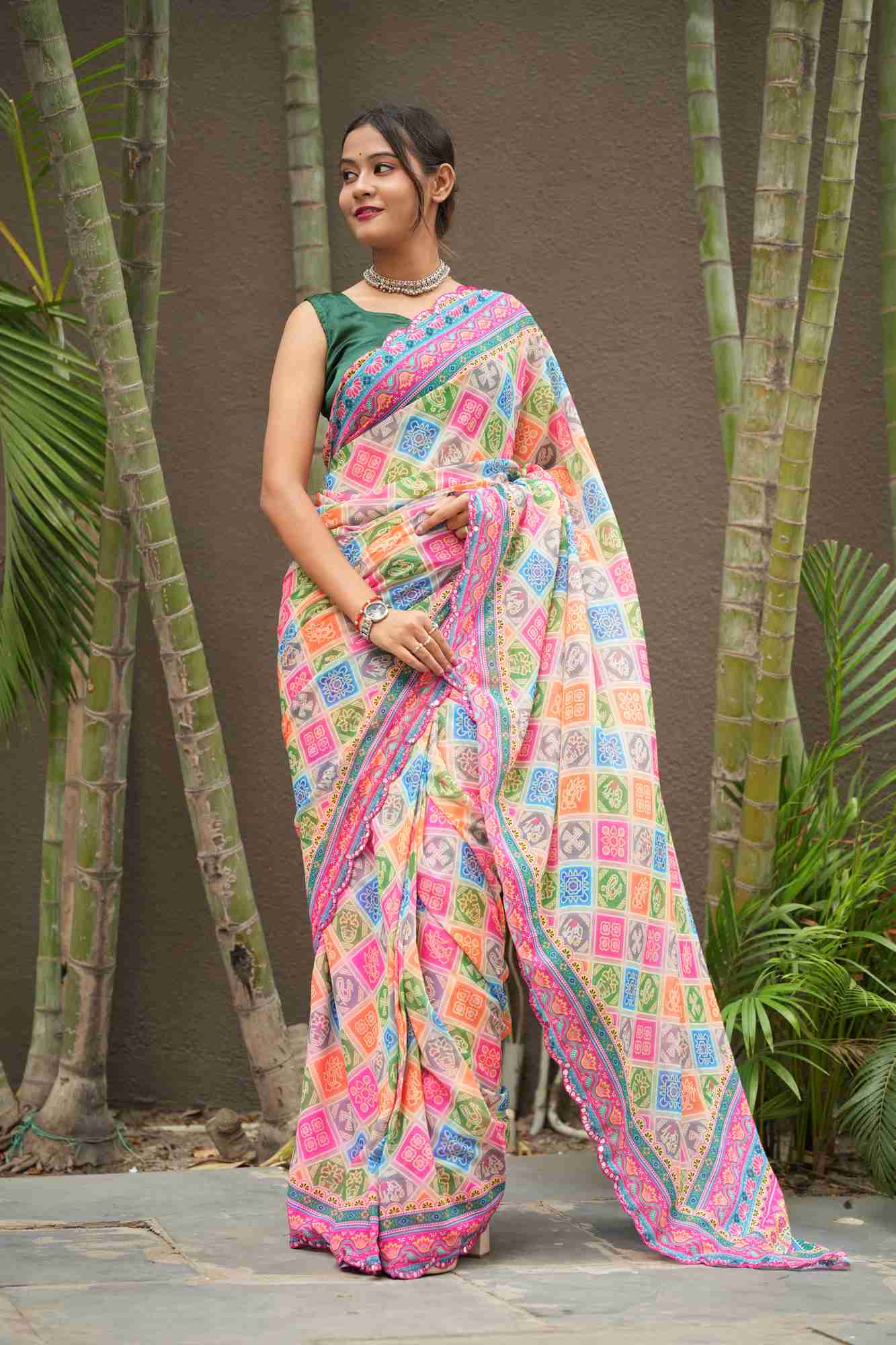 Georgette Silk Multicolour Block Digital Print with Mirror Work Border Ready To Wear Saree