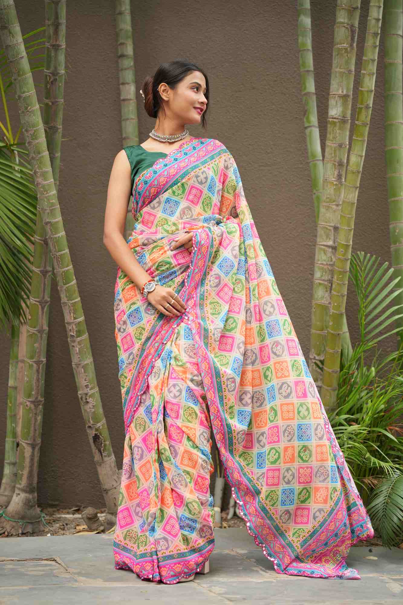 Georgette Silk Multicolour Block Digital Print with Mirror Work Border Ready To Wear Saree