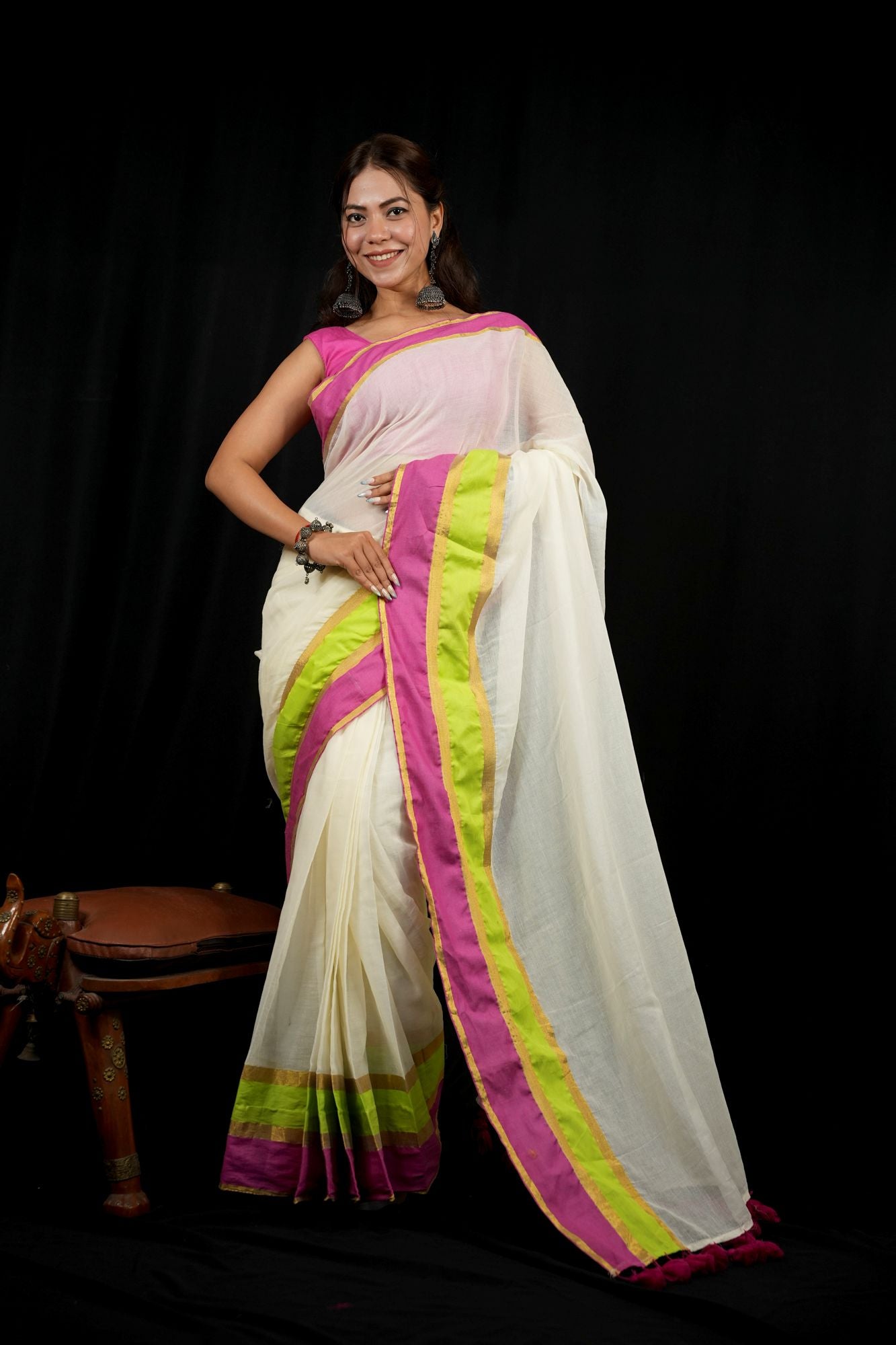 Pastel Striped Mul Cotton with Playful Tassel Border Ready To wear Saree