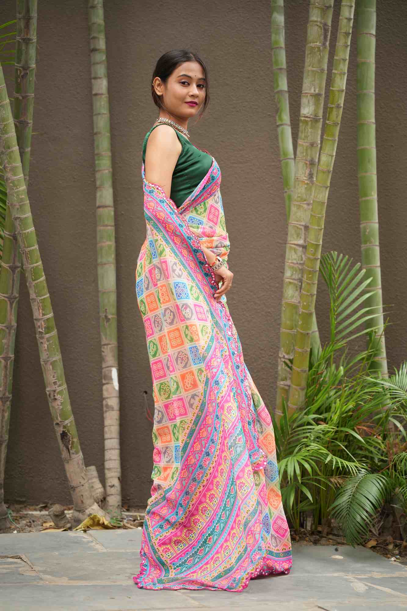Georgette Silk Multicolour Block Digital Print with Mirror Work Border Ready To Wear Saree