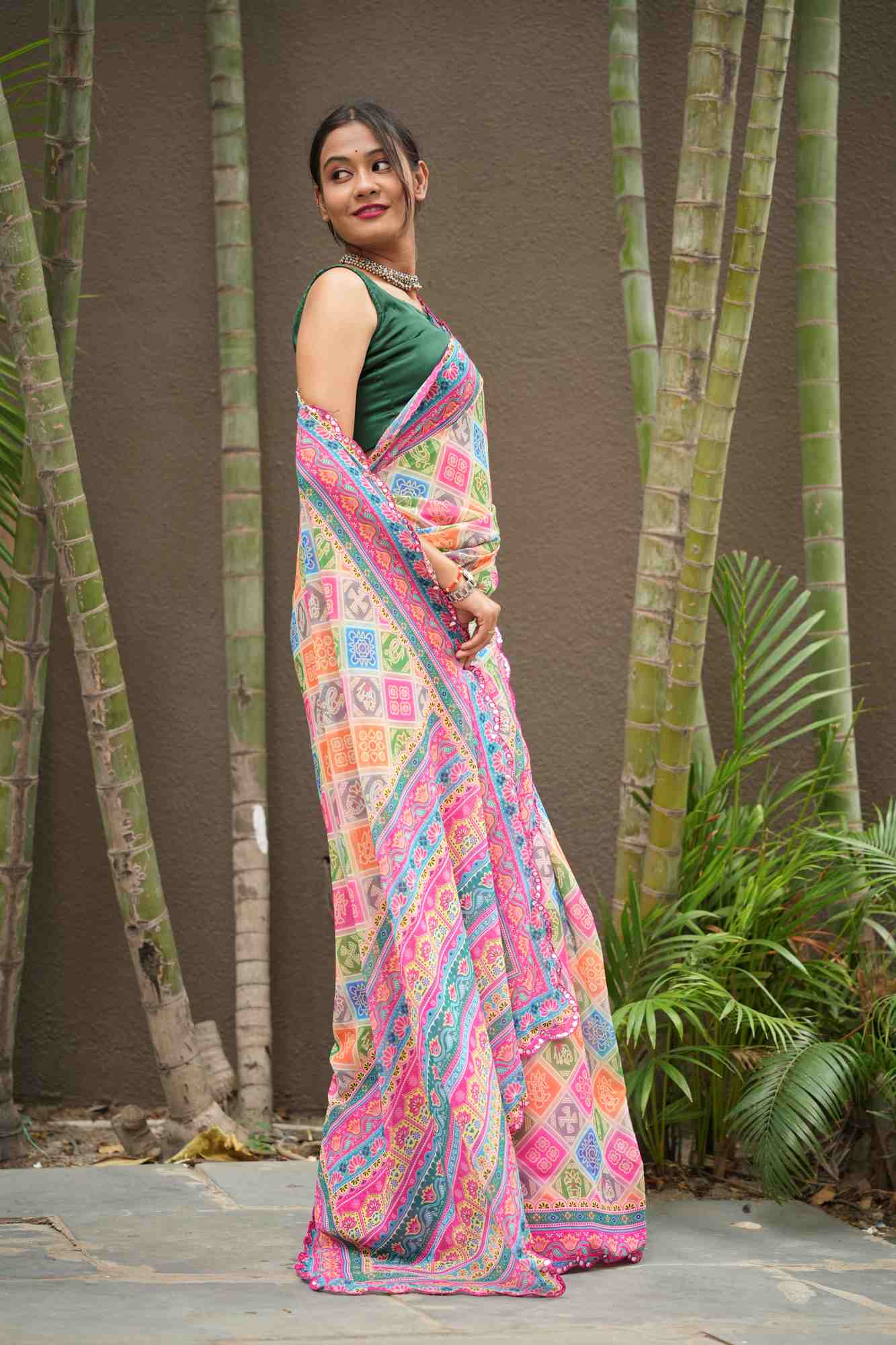 Georgette Silk Multicolour Block Digital Print with Mirror Work Border Ready To Wear Saree