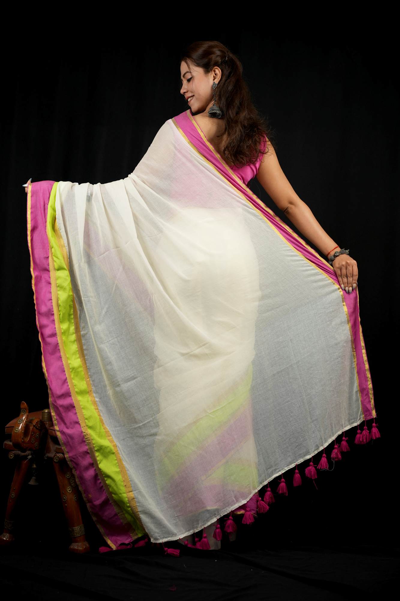 Pastel Striped Mul Cotton with Playful Tassel Border Ready To wear Saree