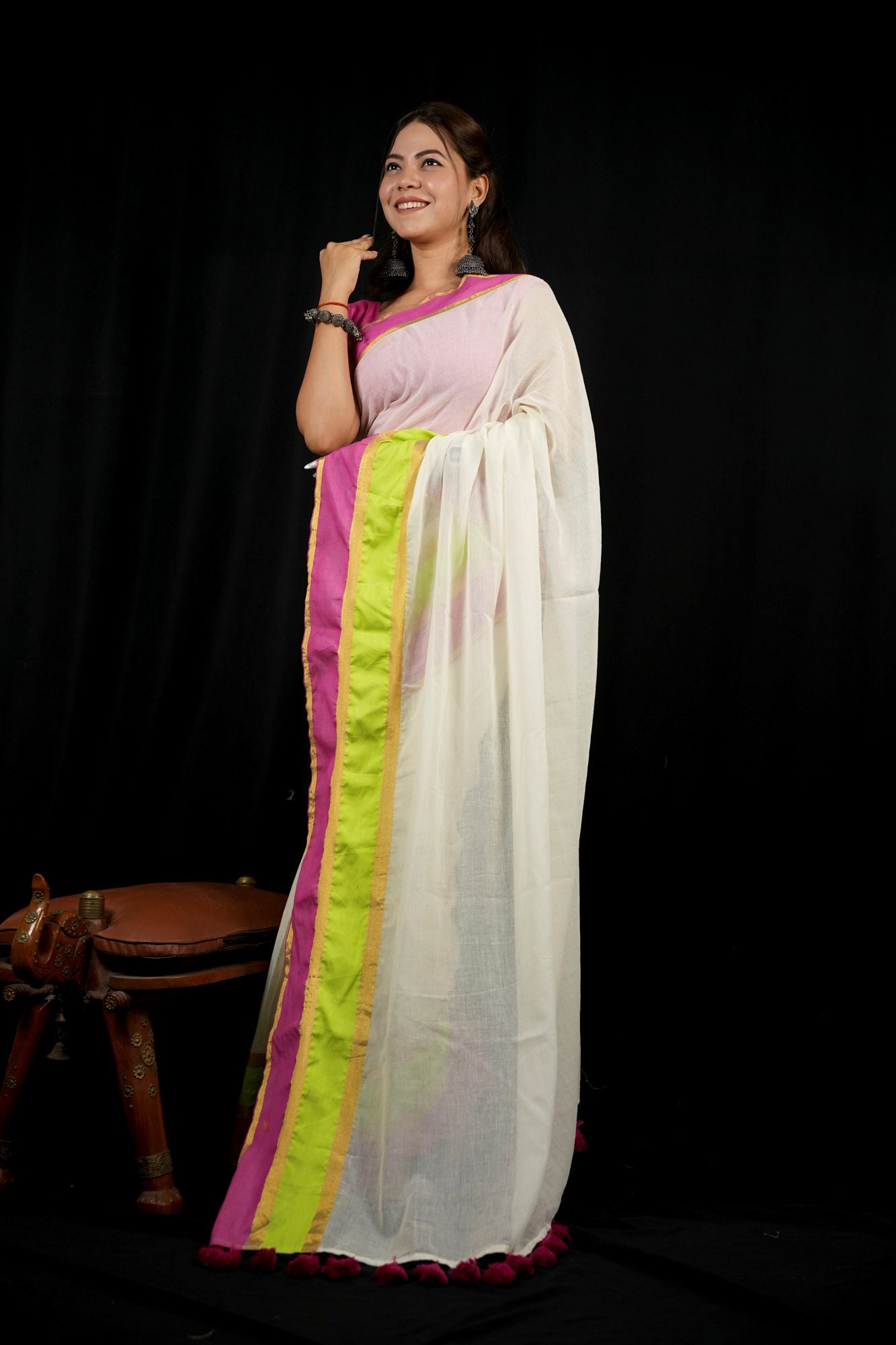 Pastel Striped Mul Cotton with Playful Tassel Border Ready To wear Saree