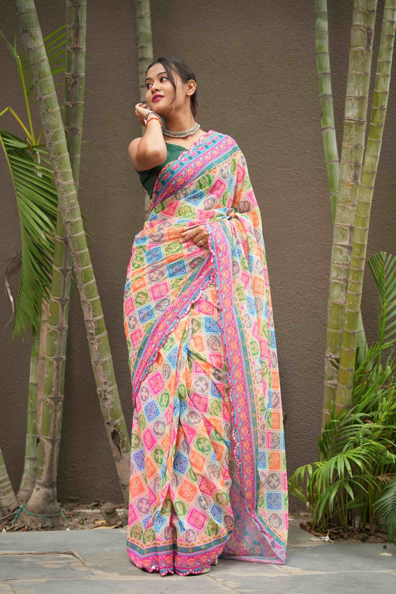Georgette Silk Multicolour Block Digital Print with Mirror Work Border Ready To Wear Saree