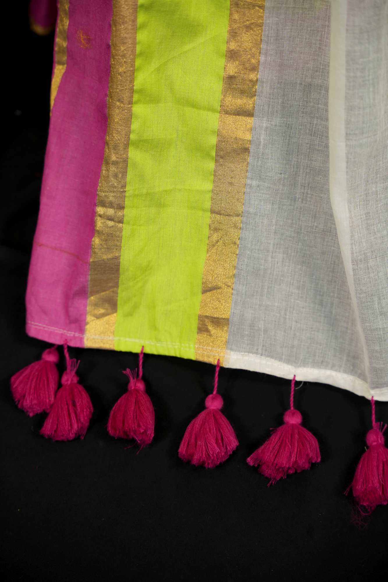 Pastel Striped Mul Cotton with Playful Tassel Border Ready To wear Saree