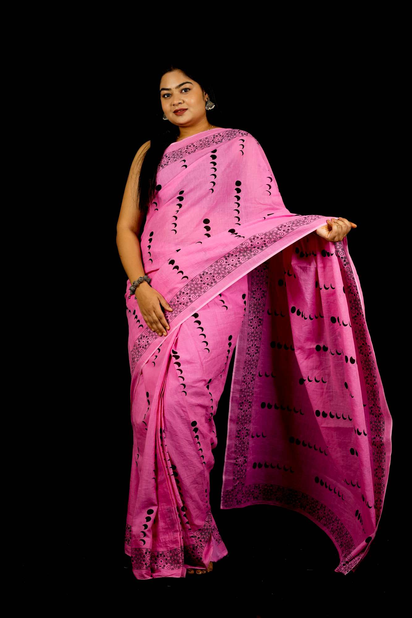 Cotton Pink Jaipuri Printed with Black Block Prints and Zari Border Ready To Wear