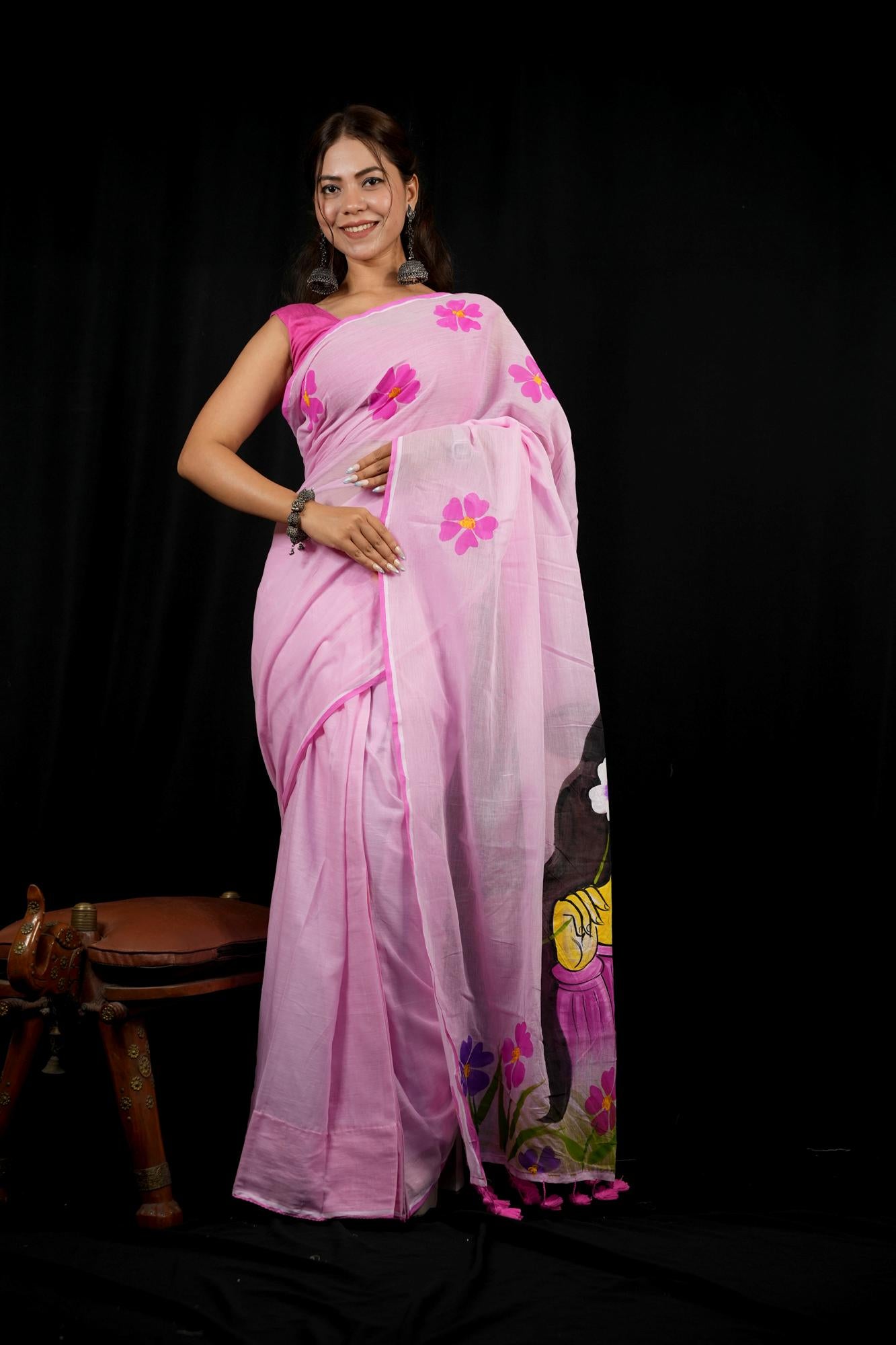 Hand-Painted Mulmul Cotton with Floral paint and Tassels Border Ready To Wear Saree