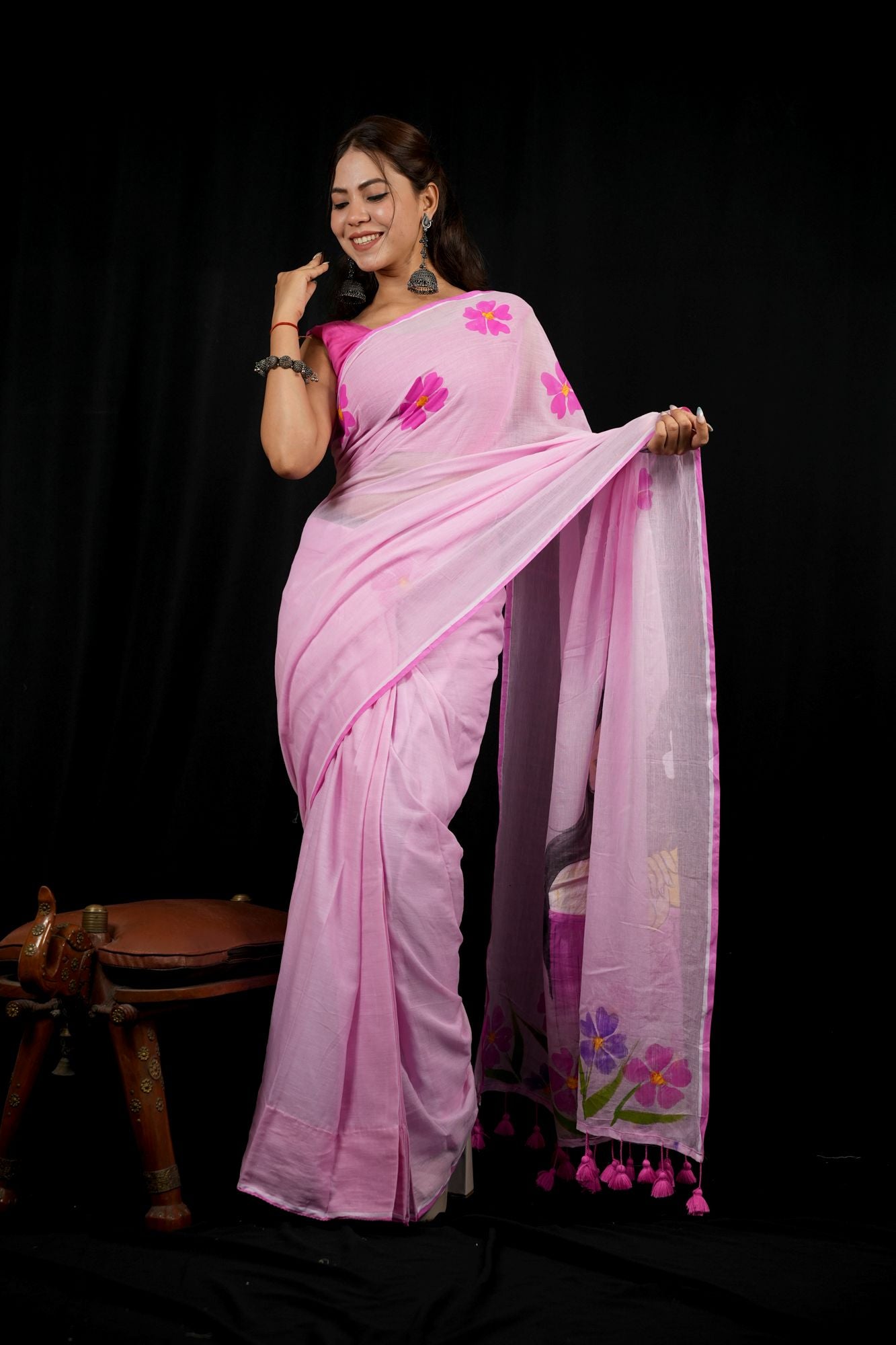 Hand-Painted Mulmul Cotton with Floral Design and Tasseled Border Ready To Wear Saree