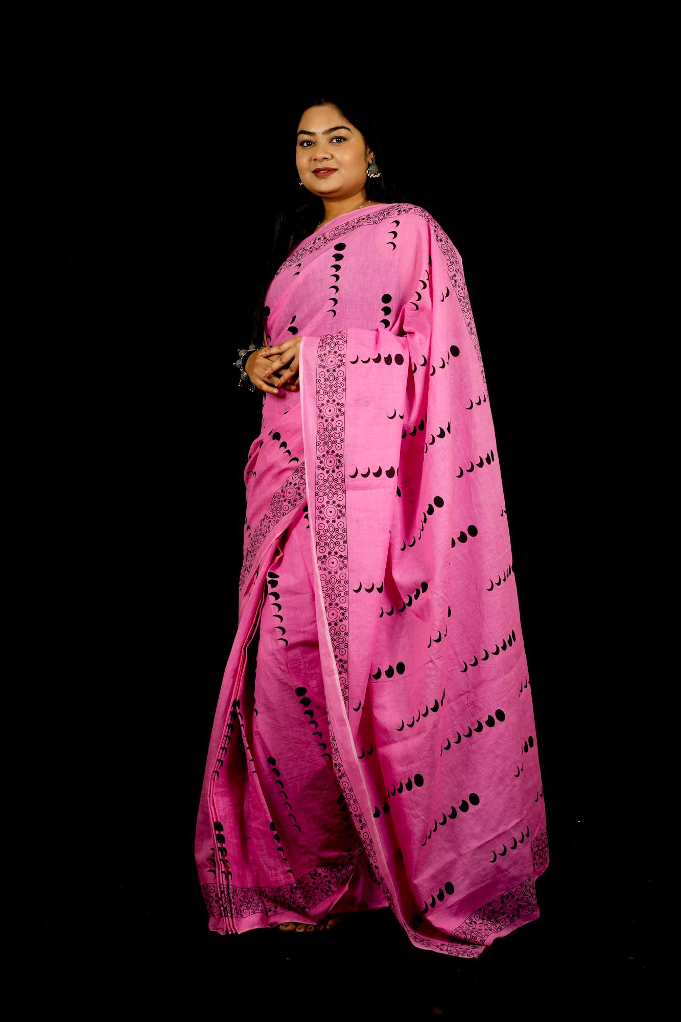 Cotton Pink Jaipuri Printed with Black Block Prints and Zari Border Ready To Wear