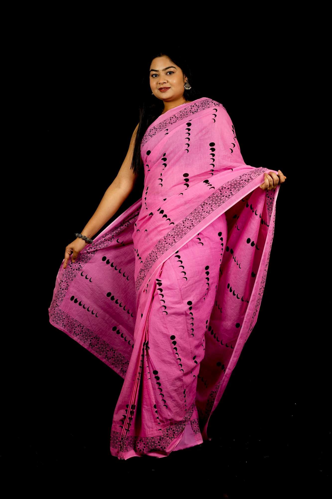 Cotton Pink Jaipuri Printed with Black Block Prints and Zari Border Ready To Wear
