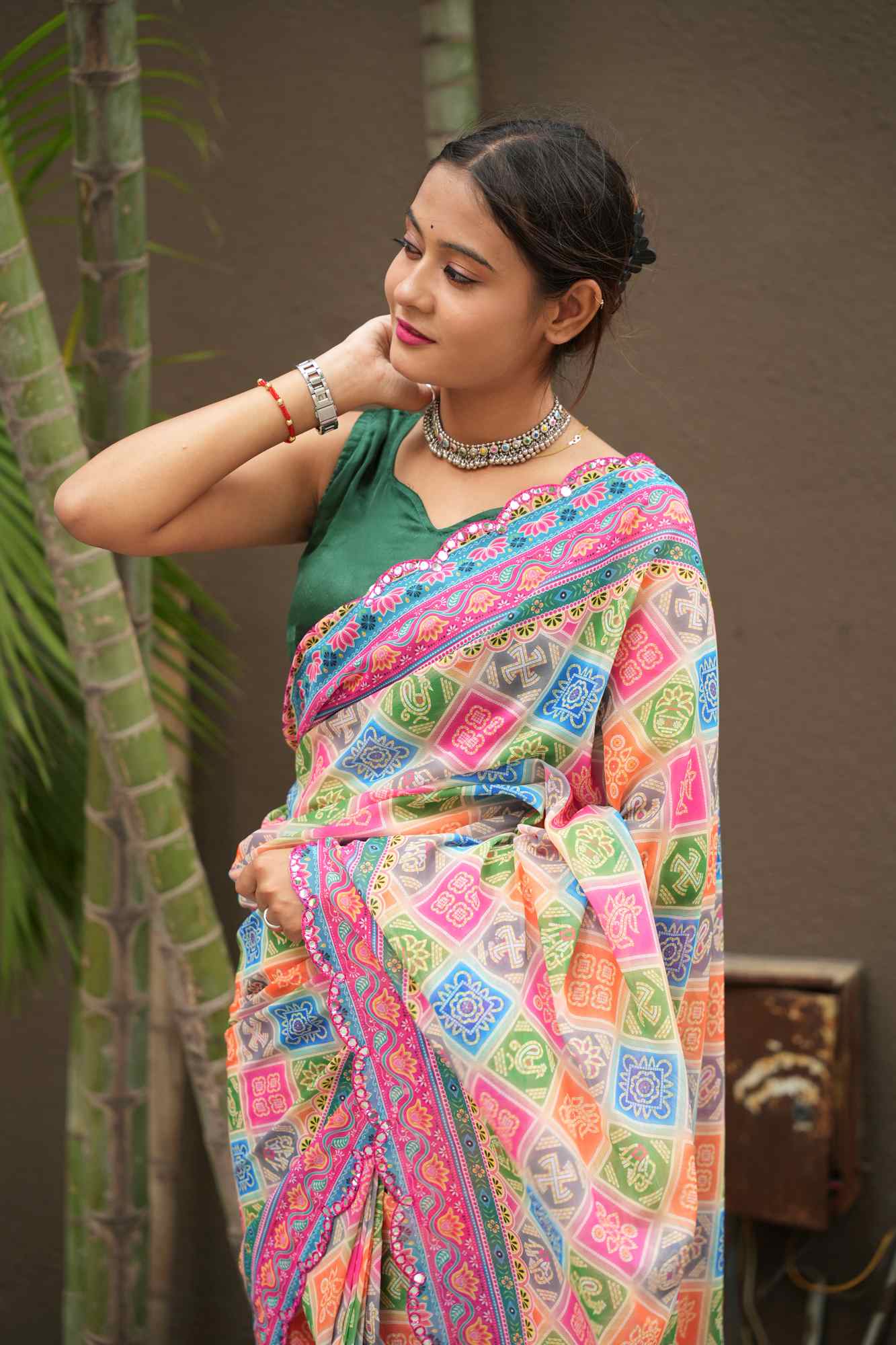 Georgette Silk Multicolour Block Digital Print with Mirror Work Border Ready To Wear Saree