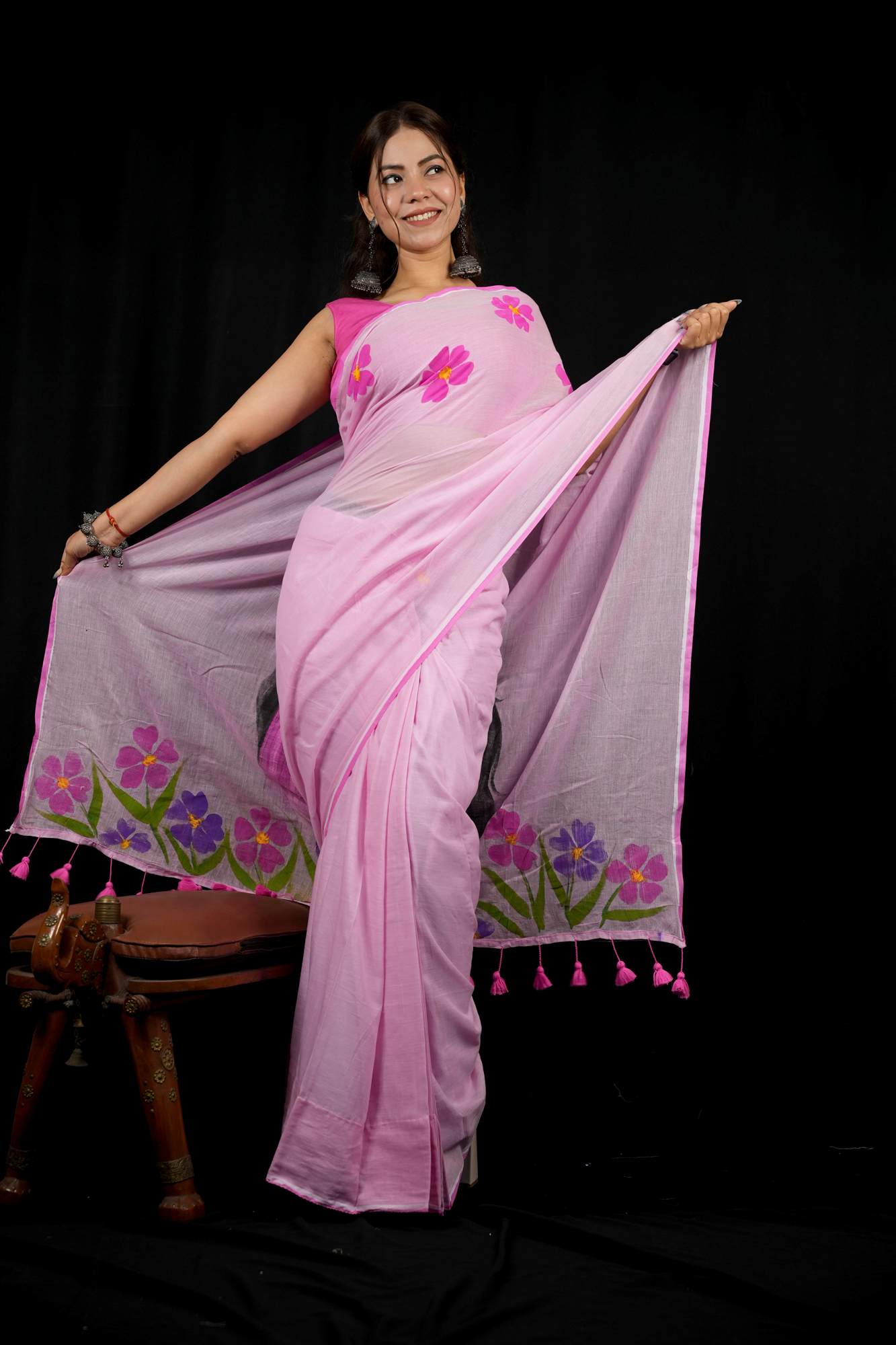 Hand-Painted Mulmul Cotton with Floral paint and Tassels Border Ready To Wear Saree