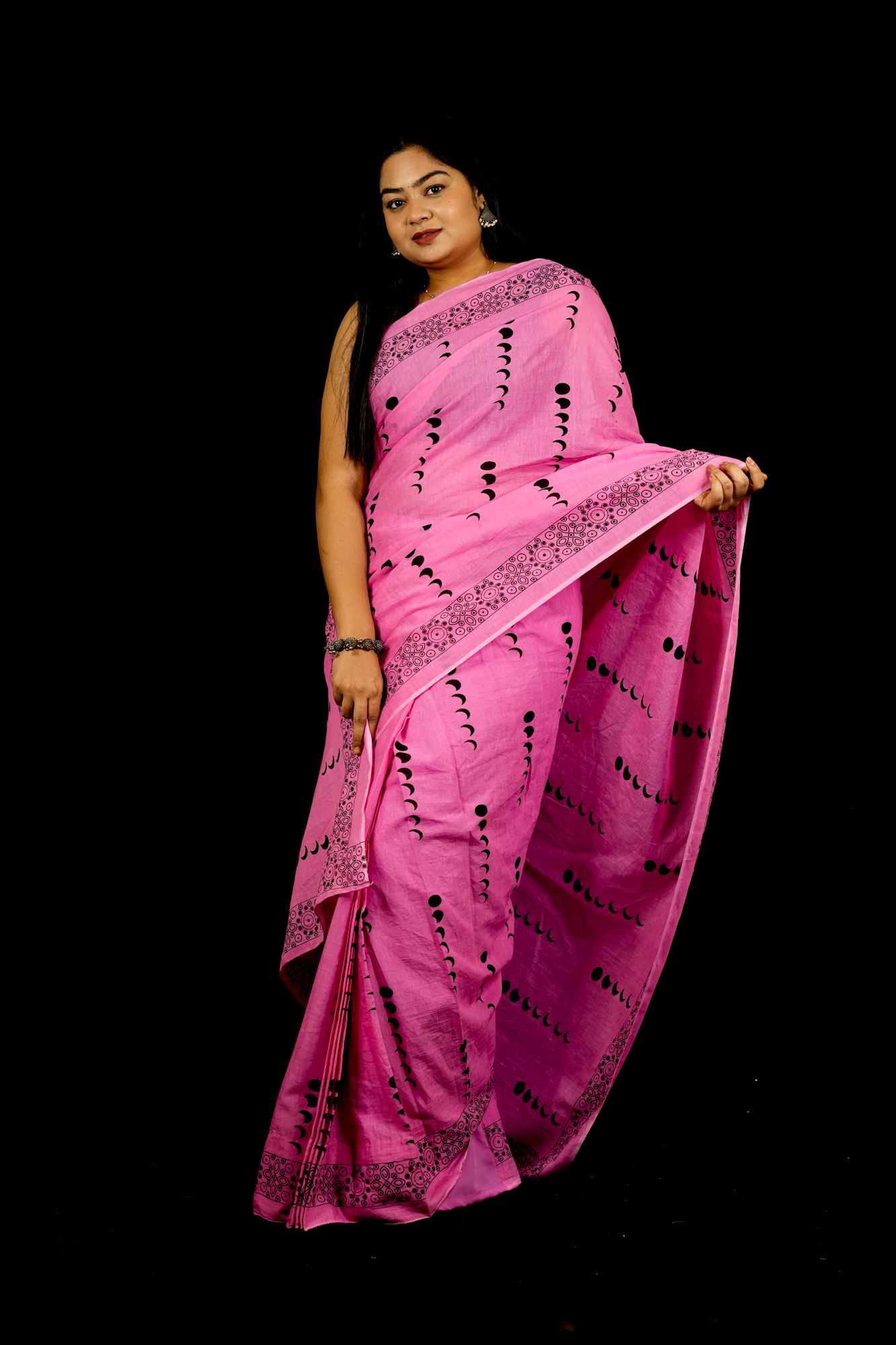 Cotton Pink Jaipuri Printed with Black Block Prints and Zari Border Ready To Wear