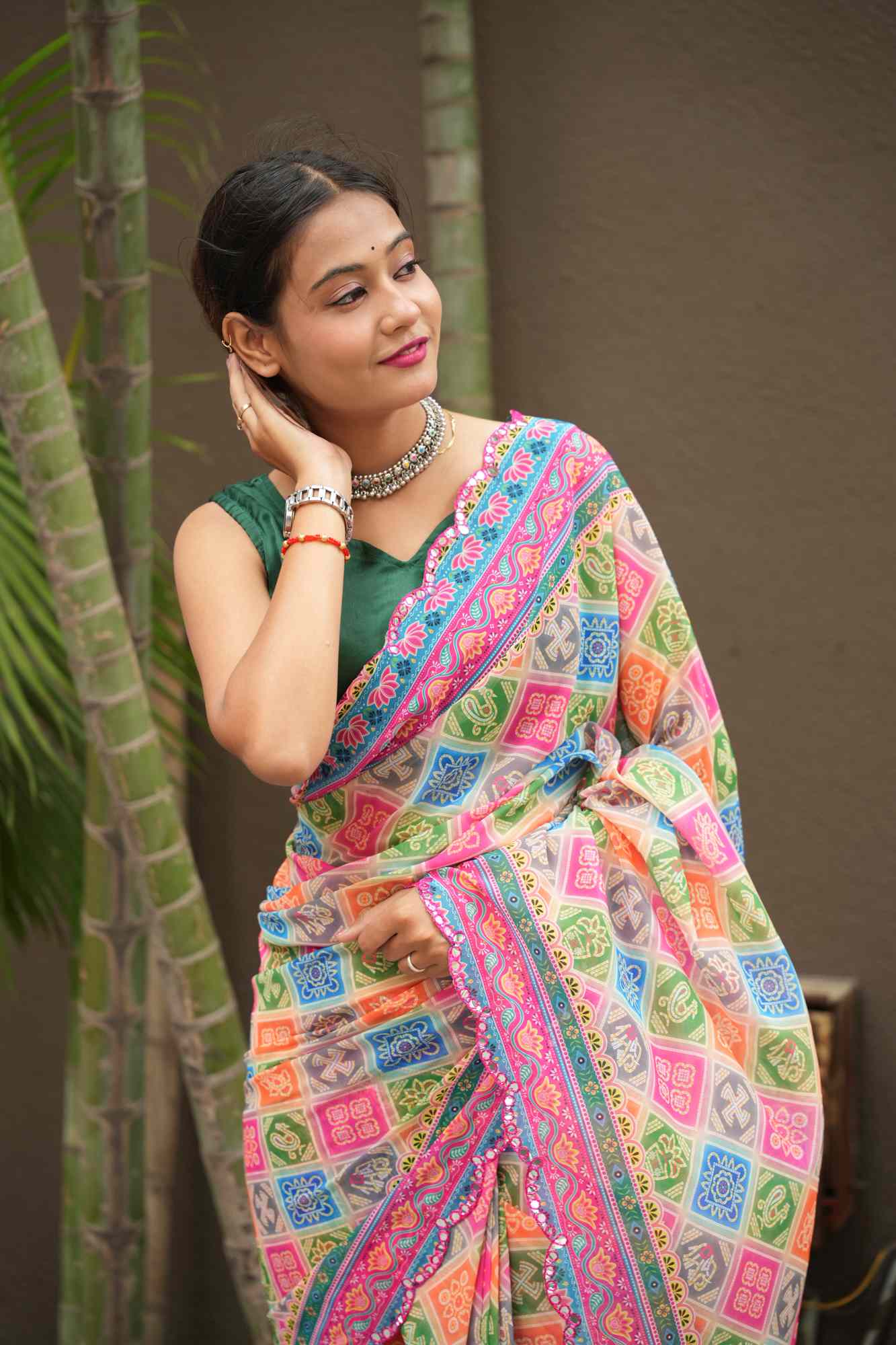 Georgette Silk Multicolour Block Digital Print with Mirror Work Border Ready To Wear Saree