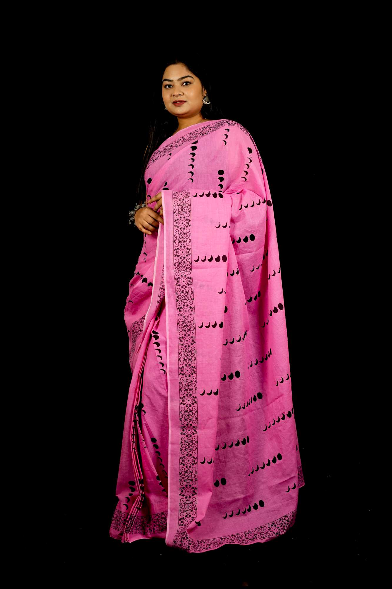 Cotton Pink Jaipuri Printed with Black Block Prints and Zari Border Ready To Wear
