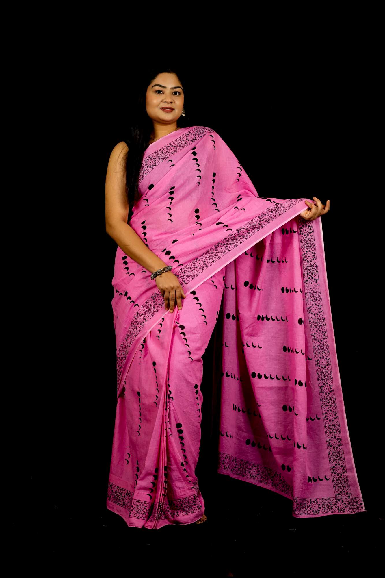 Cotton Pink Jaipuri Printed with Black Block Prints and Zari Border Ready To Wear