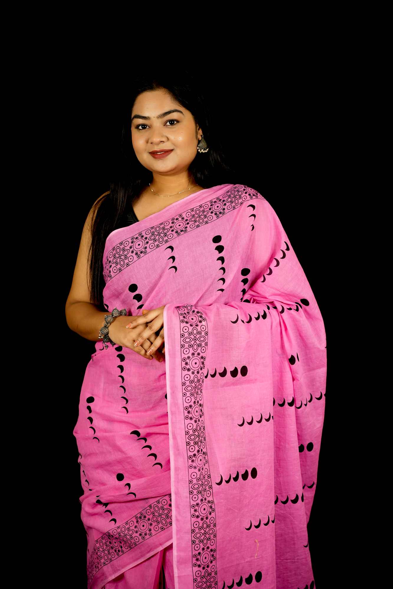 Cotton Pink Jaipuri Printed with Black Block Prints and Zari Border Ready To Wear