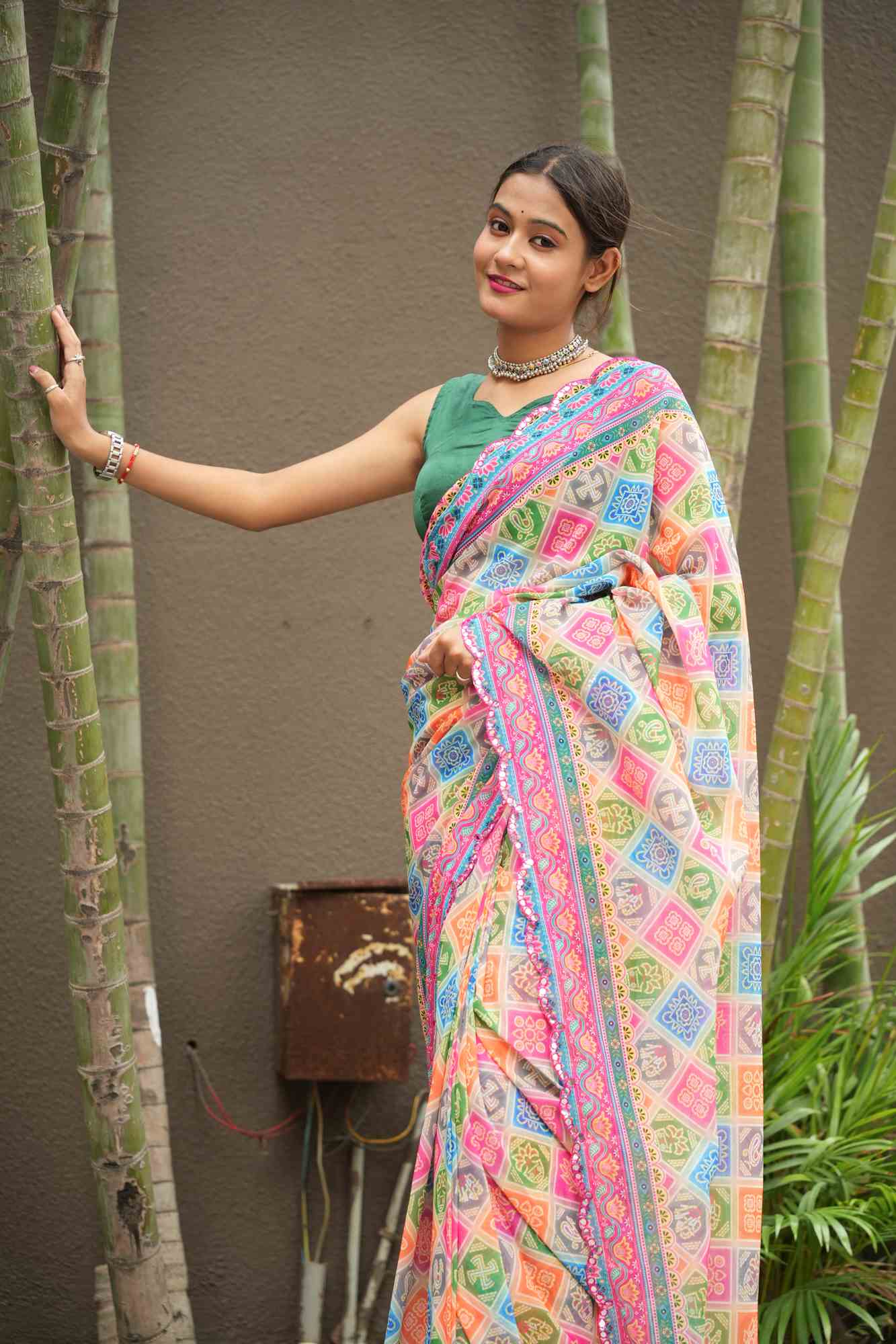 Georgette Silk Multicolour Block Digital Print with Mirror Work Border Ready To Wear Saree