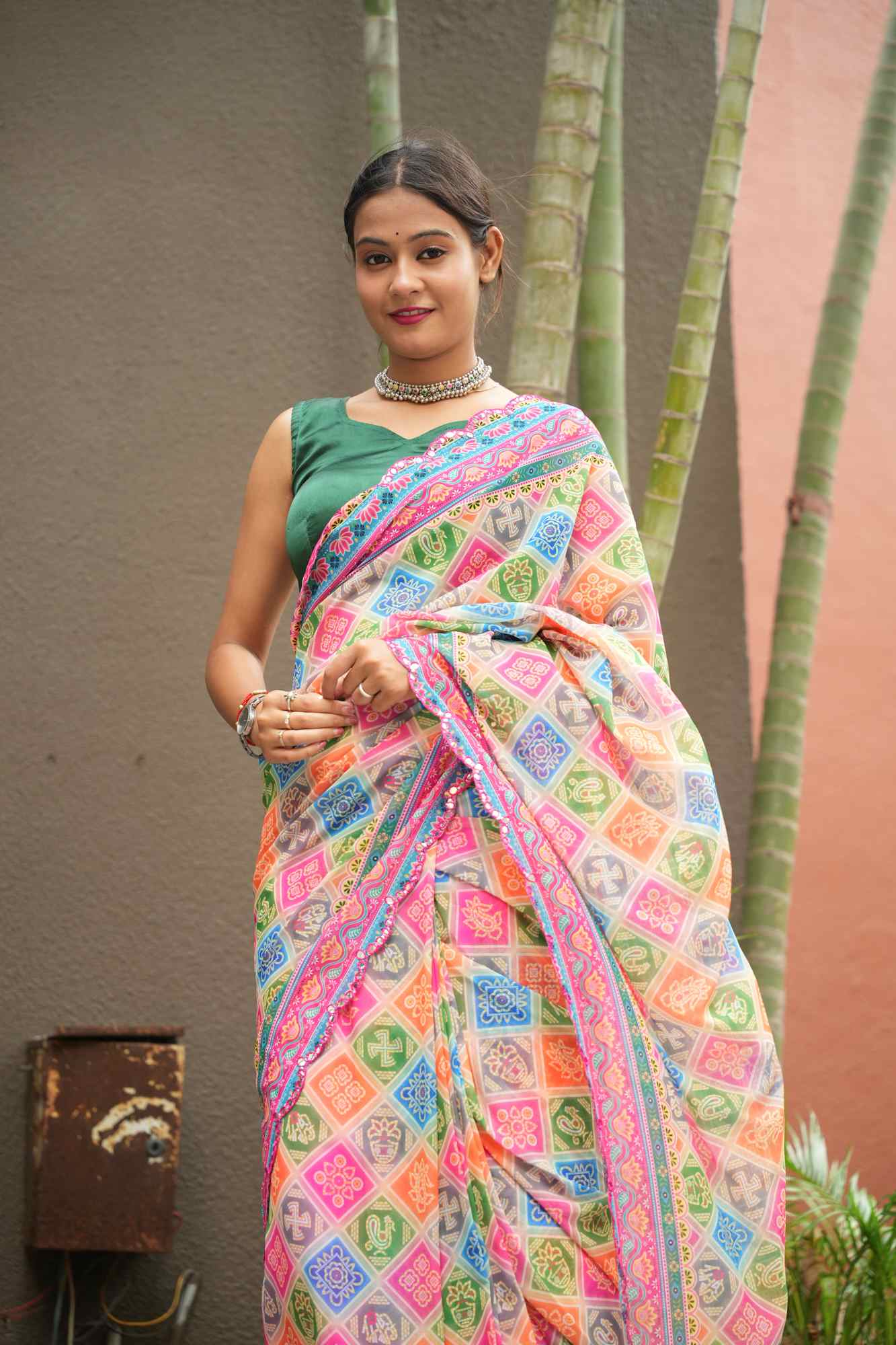 Georgette Silk Multicolour Block Digital Print with Mirror Work Border Ready To Wear Saree