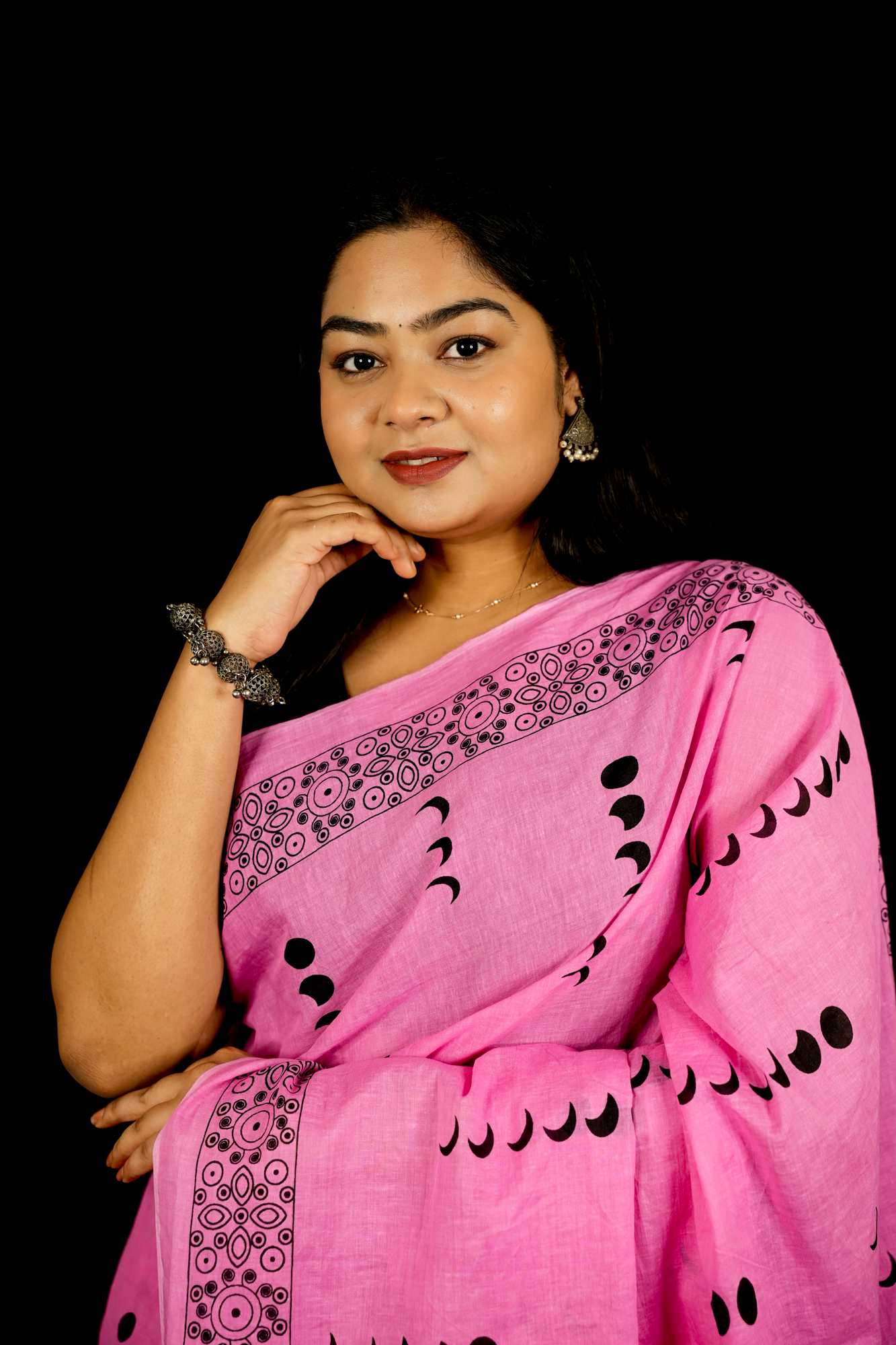 Cotton Pink Jaipuri Printed with Black Block Prints and Zari Border Ready To Wear