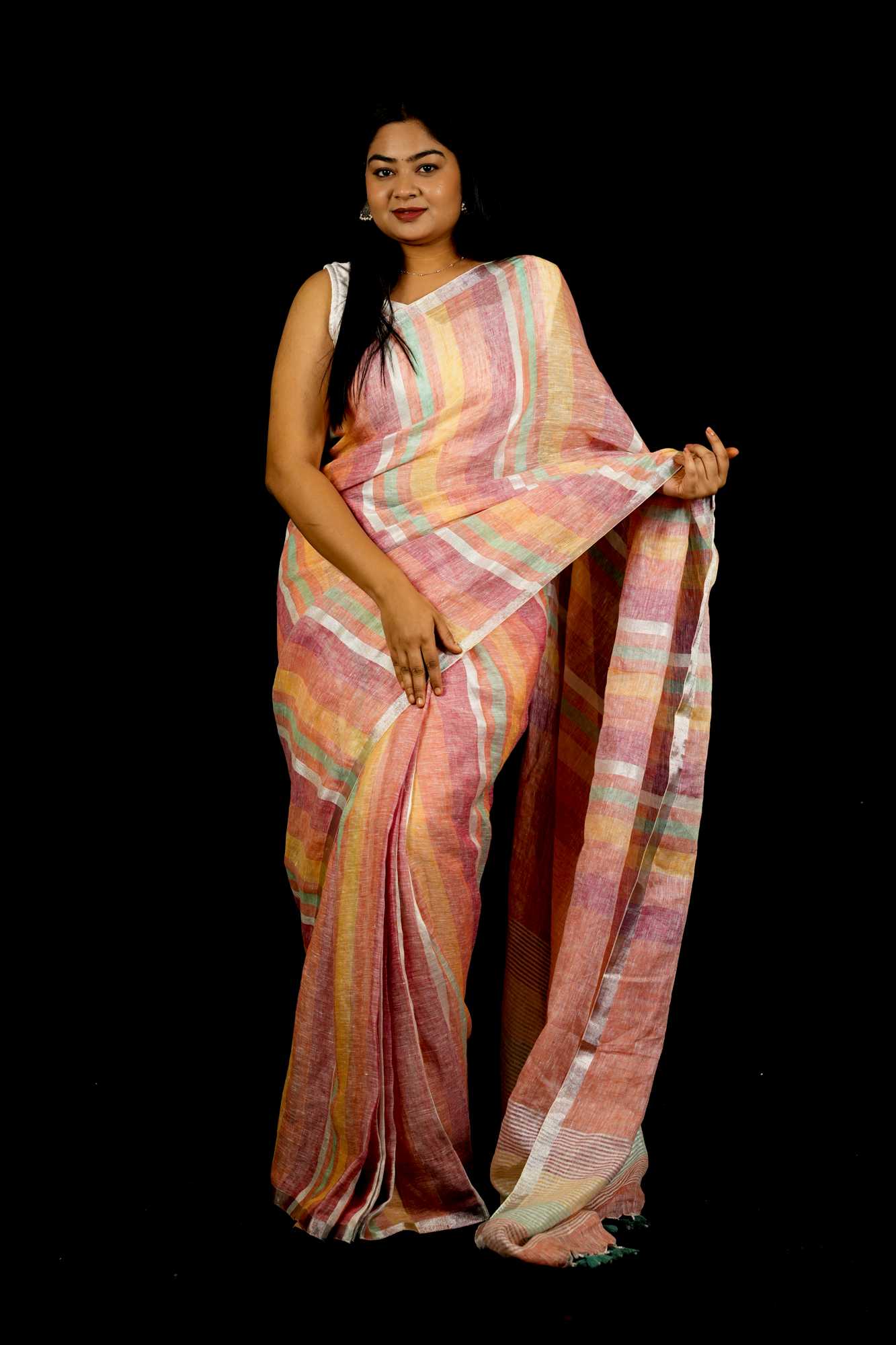 Multicolored Handwoven Linen with Beaded Pallu Ready To Wear Saree