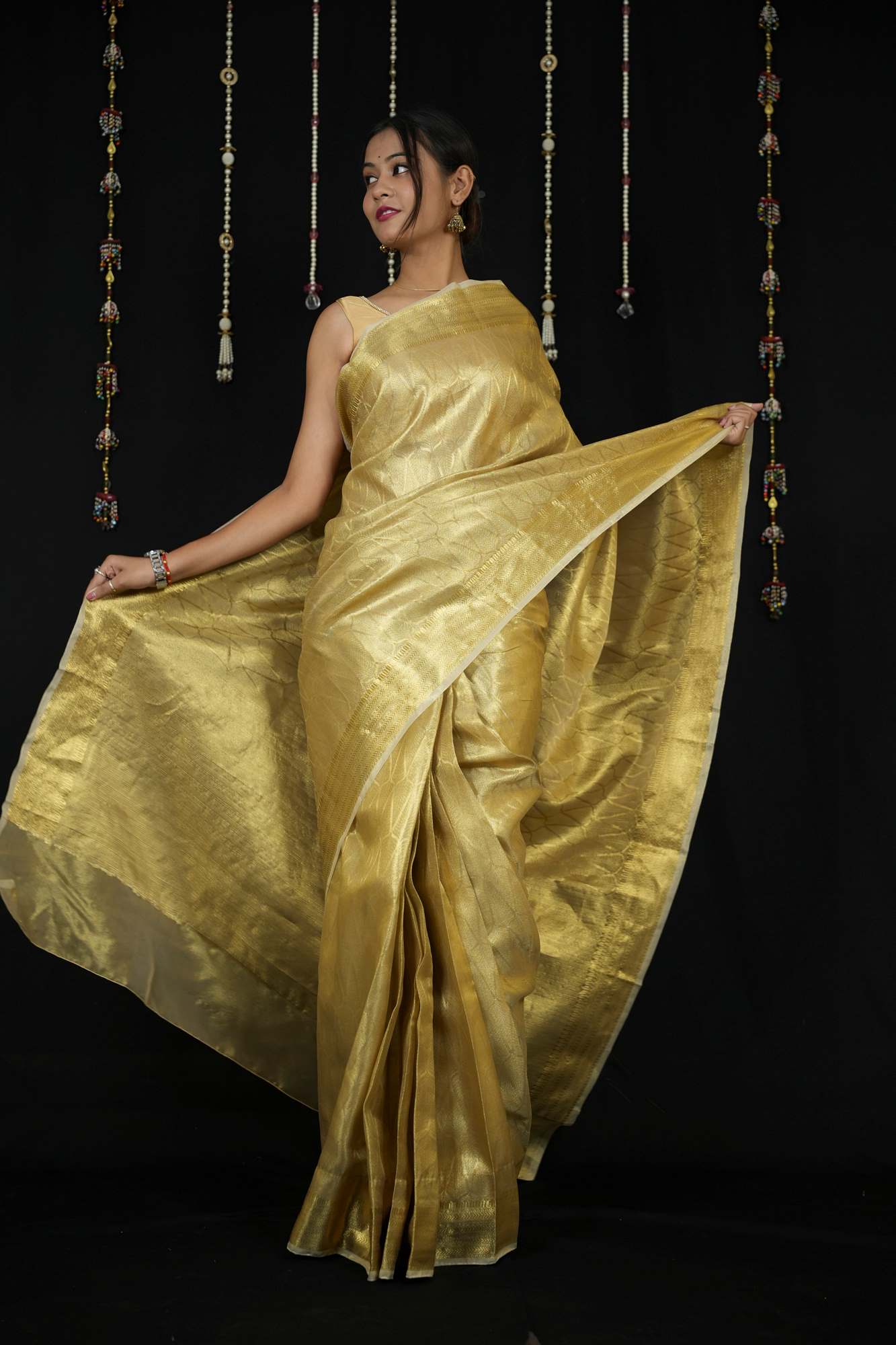 Golden Banarasi-Inspired Soft Tissue Silk Ready To Wear Saree