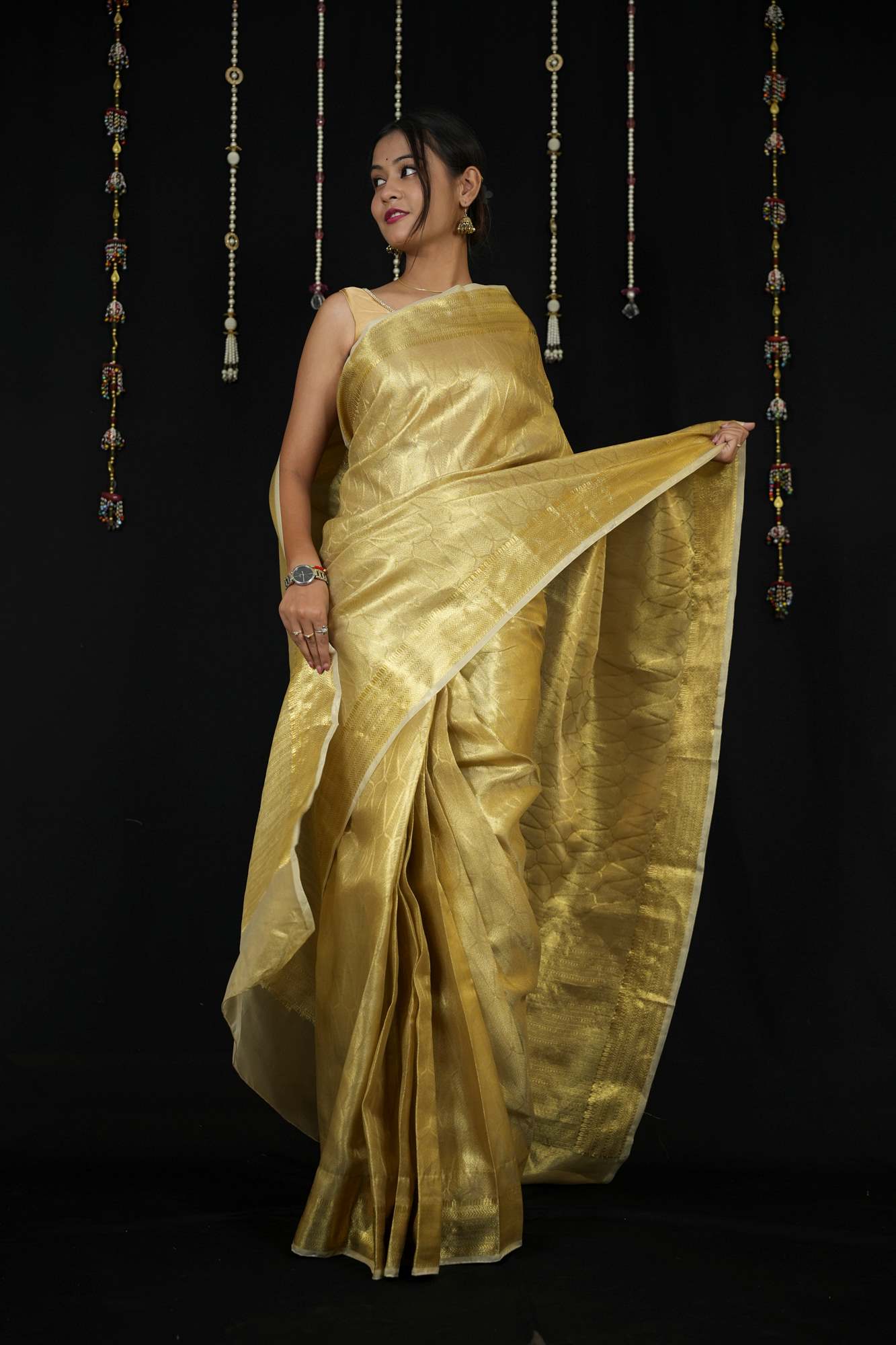 Golden Banarasi-Inspired Soft Tissue Silk Ready To Wear Saree