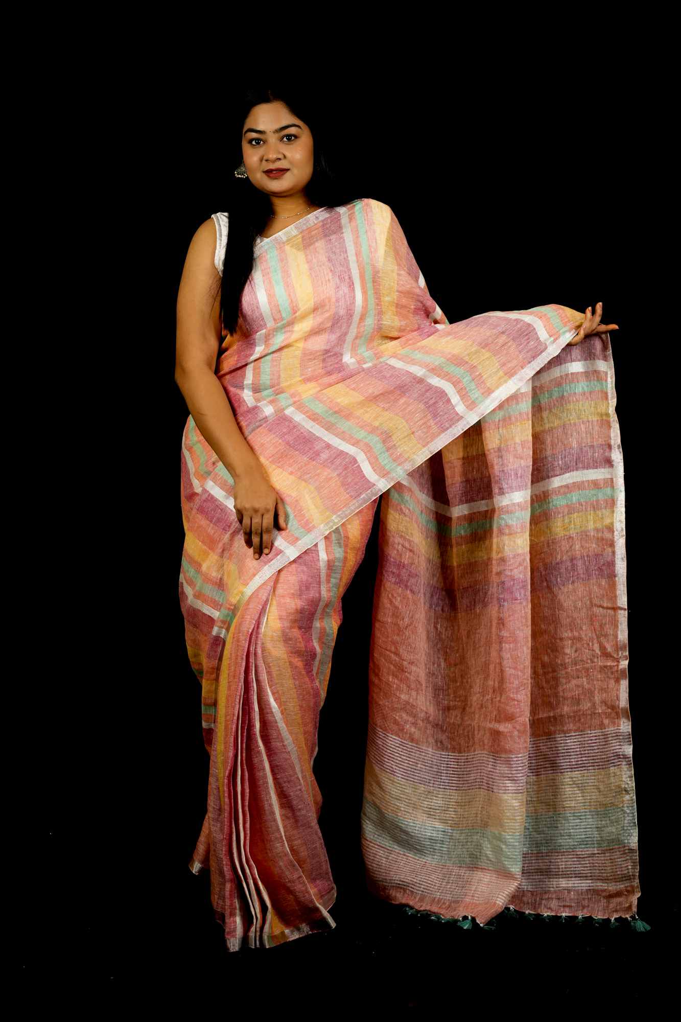 Multicolored Handwoven Linen with Beaded Pallu Ready To Wear Saree