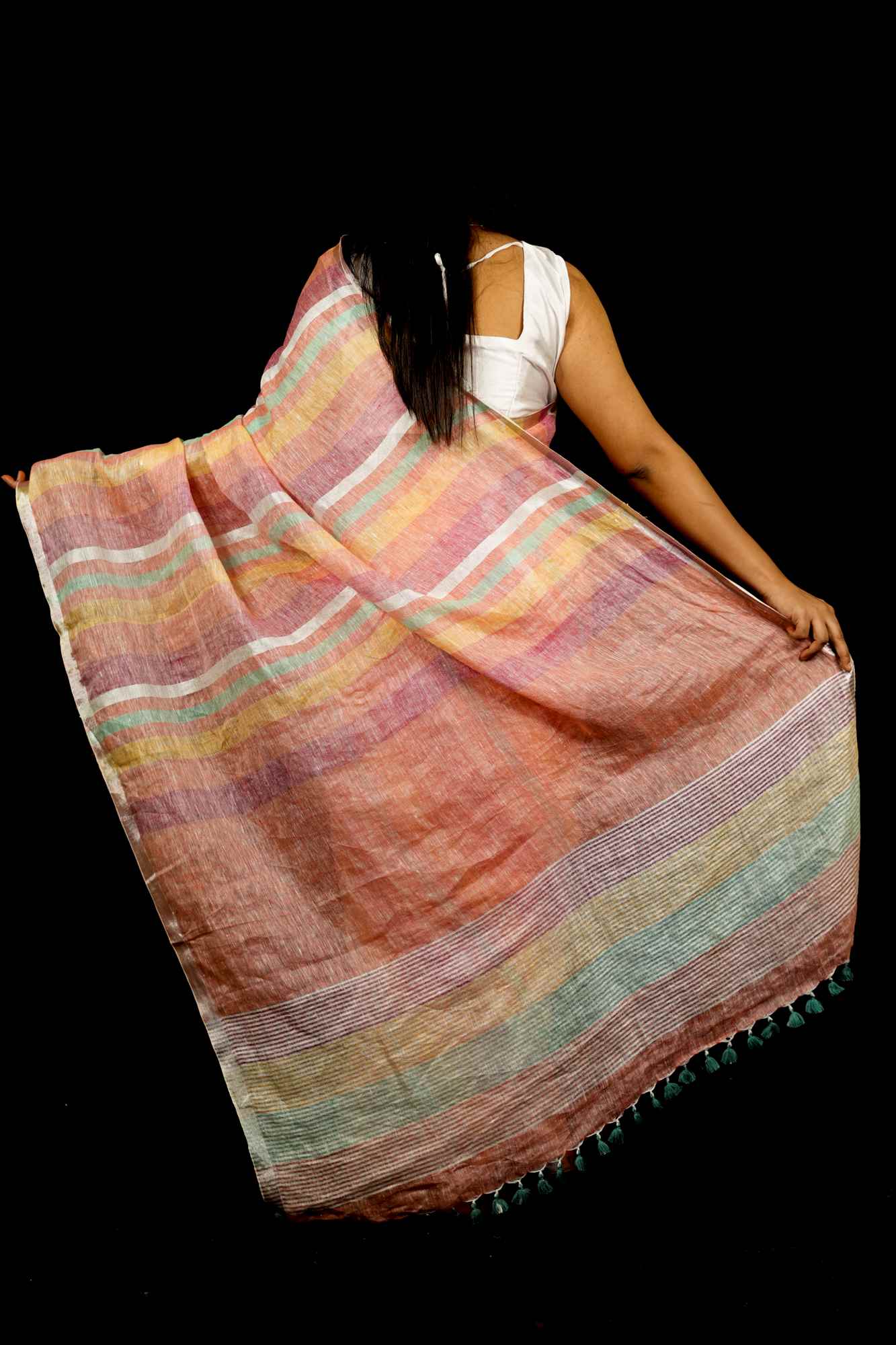 Multicolored Handwoven Linen with Beaded Pallu Ready To Wear Saree