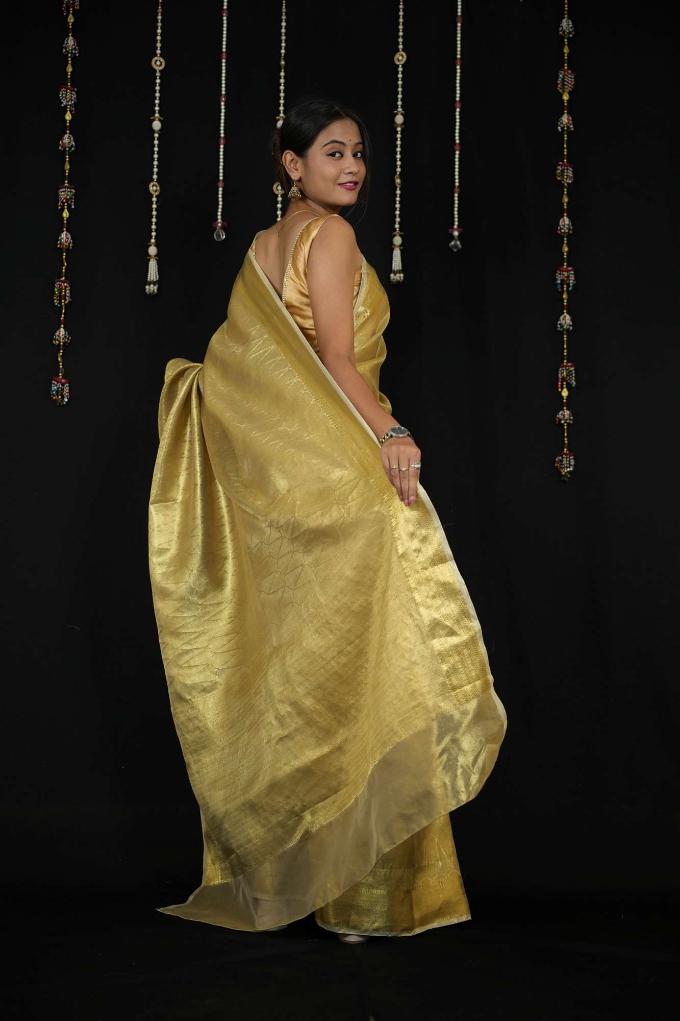 Golden Banarasi-Inspired Soft Tissue Silk Ready To Wear Saree
