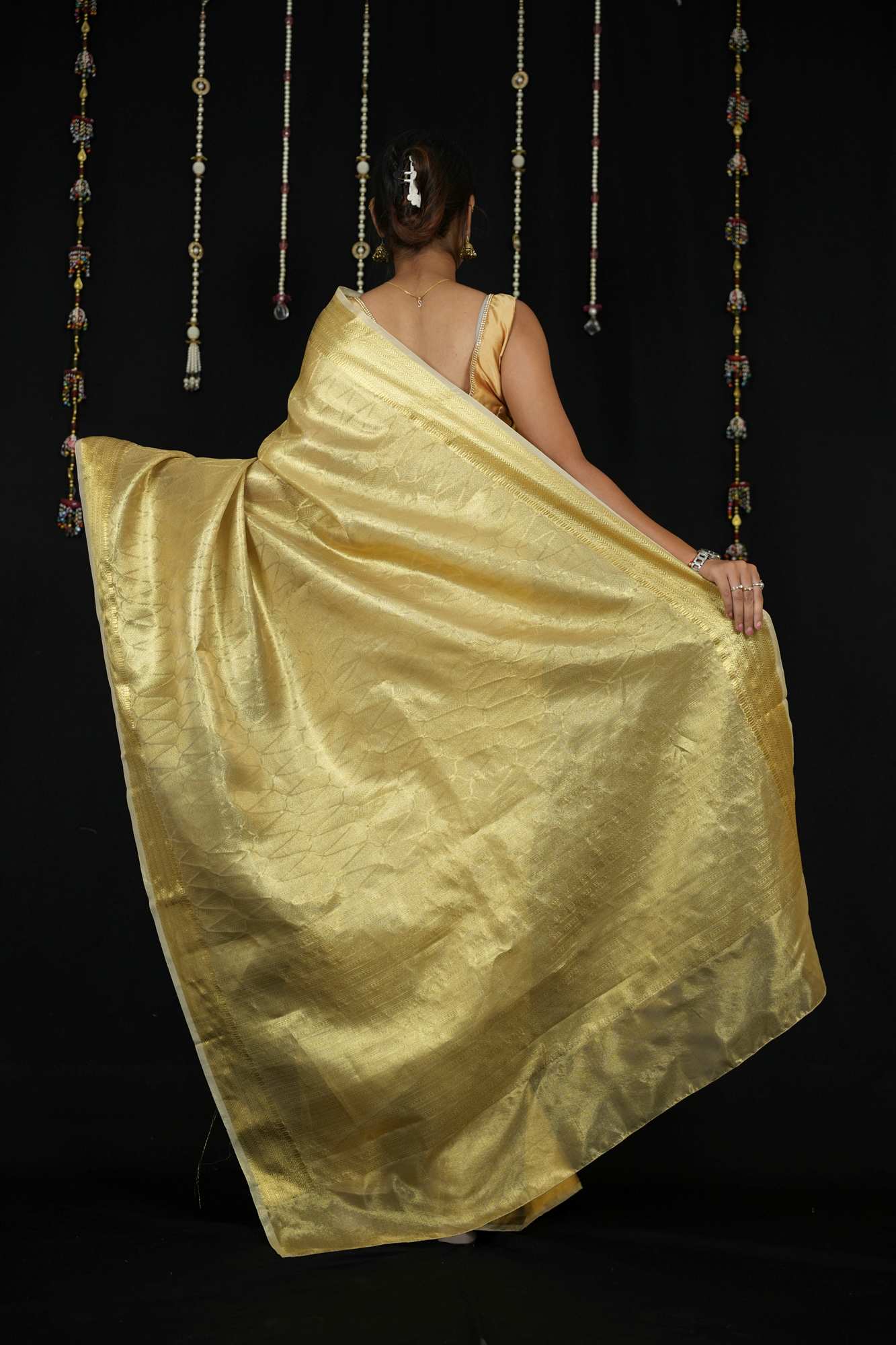 Golden Banarasi-Inspired Soft Tissue Silk Ready To Wear Saree
